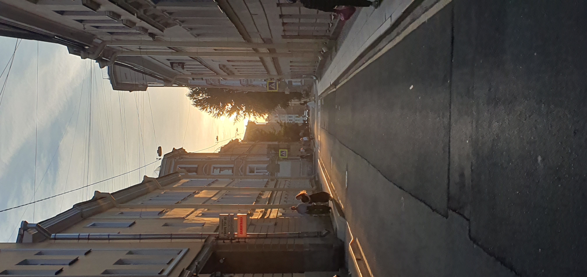 The image depicts a street scene in Saint Petersburg, Russia, during what appears to be late afternoon or early evening, given the low angle of the sun casting long shadows and the warm golden light. The perspective is from the middle of a paved street, looking down its length, flanked by multi-story buildings on both sides. The architecture of the buildings suggests an older urban setting, possibly in a historic district of the city.
On the left side of the street, a building has a visible sign with Cyrillic lettering, one section illuminated in red. Two individuals are walking on the sidewalk near this building, silhouetted against the bright light. One appears to be a man in a light-colored shirt and dark pants, and the other a woman in a dark, flowing dress.
The street itself is asphalt, with yellow lines marking the edge of the roadway. There are several pedestrian crossings indicated by yellow diamond-shaped signs with pedestrian symbols. Some utility wires are visible crisscrossing above the street and between the buildings.
In the distance, the street opens up slightly, and the setting sun is visible through trees, creating a bright glow. Other pedestrians and a few vehicles are discernible further down the street. The sky above has some scattered clouds. The overall atmosphere is one of a quiet urban moment, with the characteristic light of Saint Petersburg enhancing the scene.