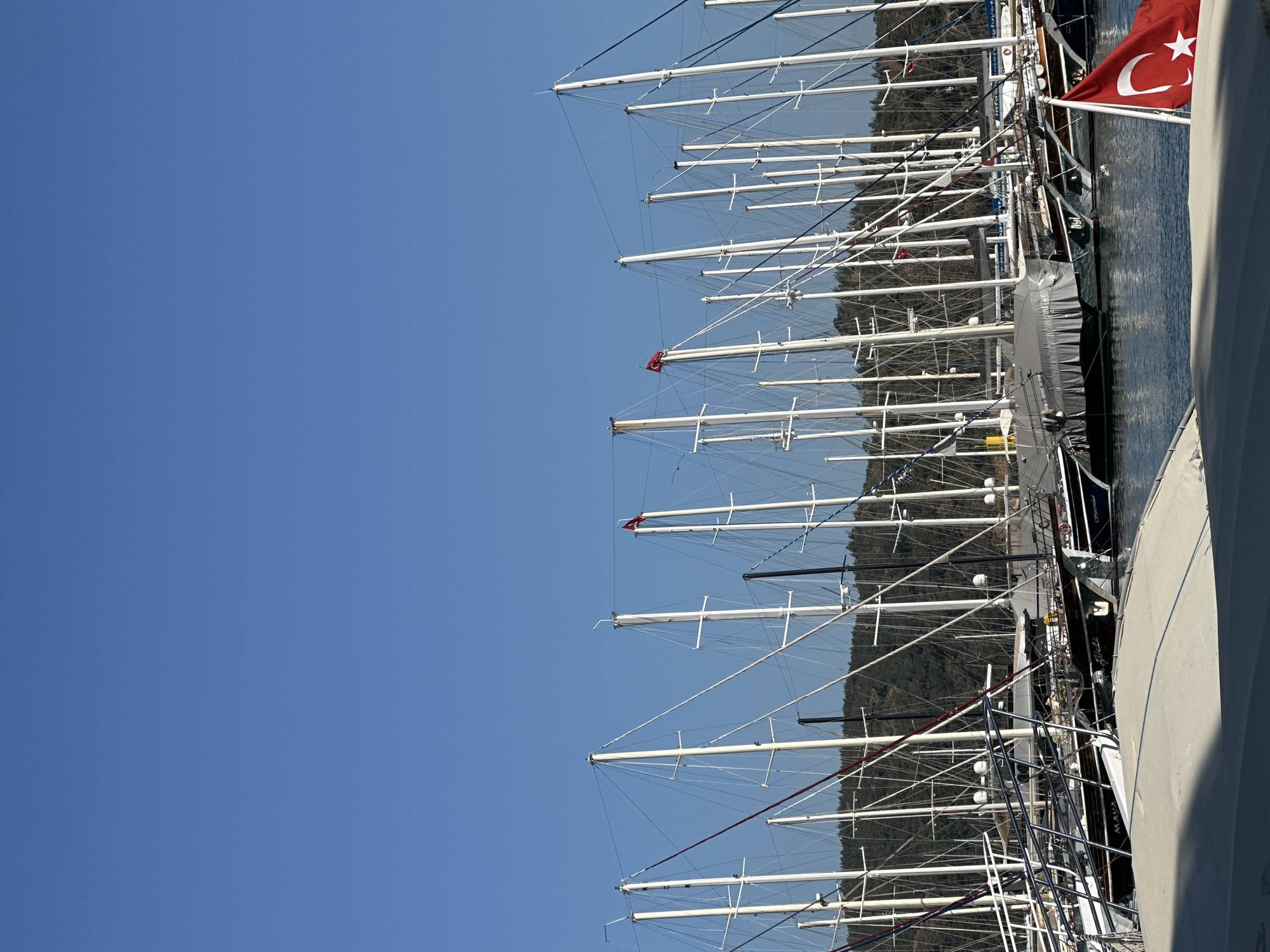 The image shows a view of a marina in Fethiye, Turkey. Several sailboats are docked, their masts dominating the composition. A Turkish flag is visible on one of the boats. In the background, a tree-covered hillside can be seen under a clear blue sky. The foreground contains parts of a boat, possibly the one from which the photo was taken.