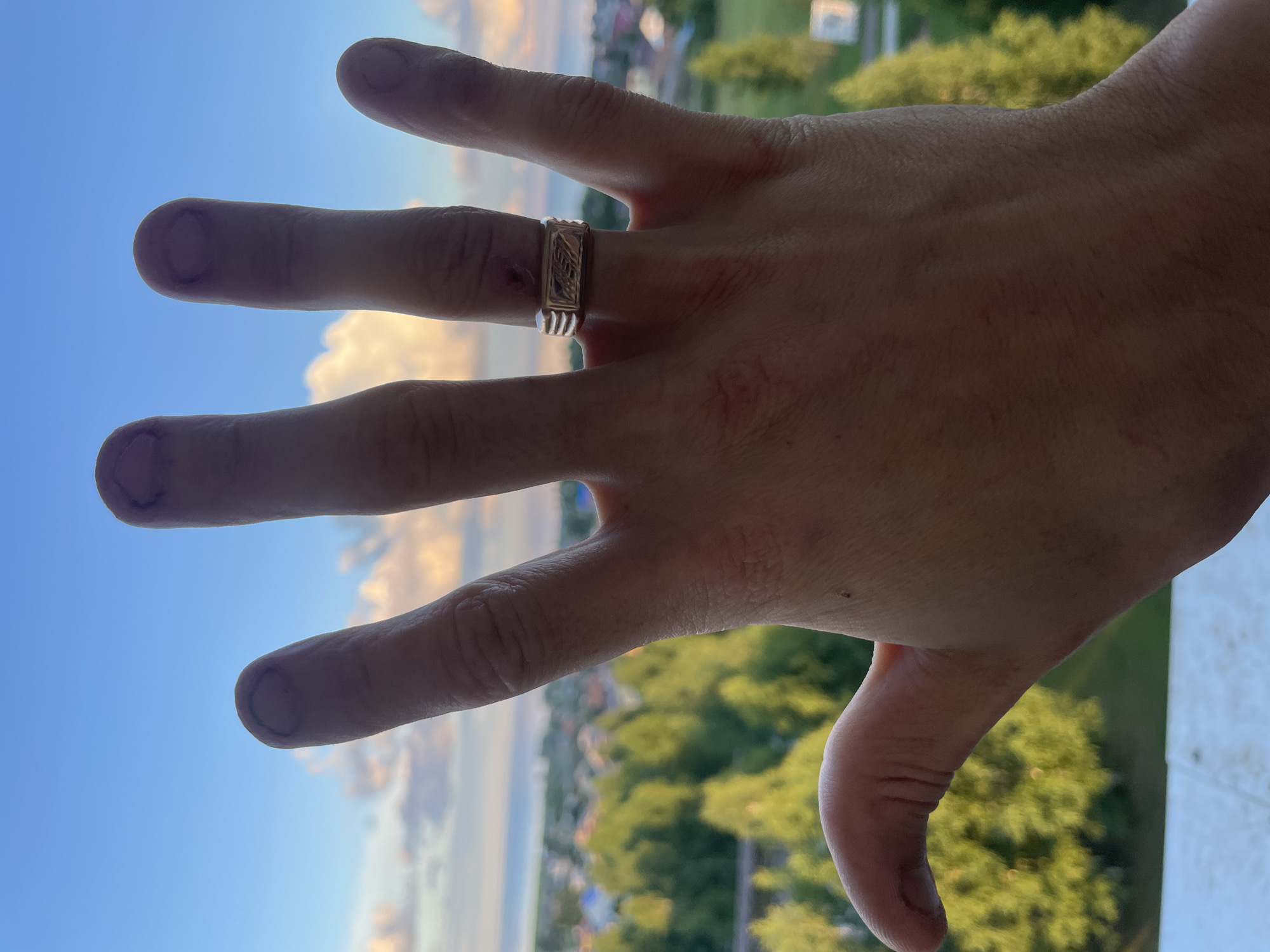 A close-up, POV shot of a person's left hand is held up against a backdrop of a sky with scattered clouds, and a blurred, distant landscape. The hand is shown from the palm side, with fingers slightly spread. The fingernails appear to have dark smudges around the edges. A gold ring with an embossed rectangular design is worn on the ring finger. The landscape in the background depicts a town with houses and trees, and a body of water in the far distance, suggesting a location near a body of water within a semi-urban or rural setting. The lighting suggests it is either early morning or late afternoon. This image was captured in Laishevo, Russia.