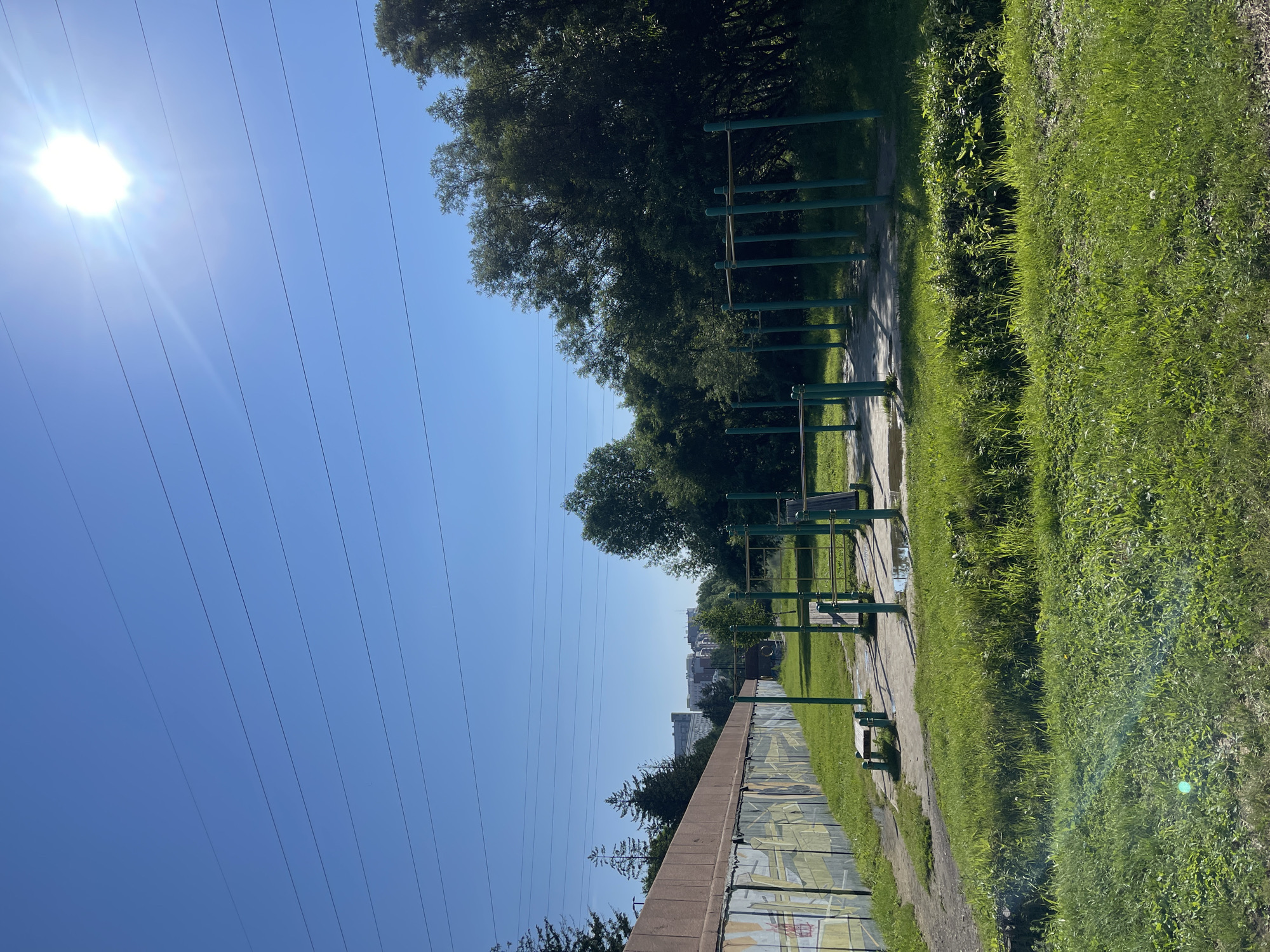 The image captures an outdoor exercise area in Krasnoyarsk, Russia, bathed in bright sunlight under a clear blue sky. The foreground is dominated by lush green grass, with some patches of taller weeds and a subtle lens flare on the left. To the left of the frame, a long, textured concrete wall with graffiti runs along a slight incline. Beyond the wall, the cityscape is visible, with several multi-story buildings and trees.
The central area of the image features an outdoor gym setup with green metal frames and horizontal bars. There are also a couple of wooden benches, one with a green metal frame, and a small puddle on the ground near the gym equipment. In the background, dense trees form a natural barrier on the right side of the frame. Several parallel power lines are stretched across the upper portion of the sky, and the sun is a bright, almost blinding orb in the top right corner, casting strong shadows. No people are present in the scene.