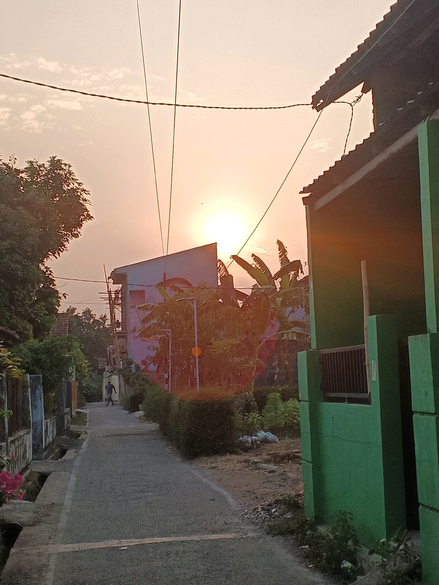 A low-angle, full shot captures a residential street in Taman, Indonesia, during a hazy sunset. The sky is a soft orange, with the sun visible as a bright, diffused orb near the center, slightly to the left. Several utility wires crisscross the frame against the sky. On the right, a vibrant green building with a dark, corrugated metal roof juts into the frame. Its roof has a jagged section where some metal is missing, and wires are attached to it. A smaller, light blue building with scaffolding partially covers it, is visible in the midground, also adorned with banana trees and what appears to be a mural on its side. To the left, a row of smaller buildings and fences line the street. A narrow asphalt road runs through the center of the image, with drainage ditches on either side. A single figure, dressed in dark clothing, walks away from the camera down the road. The road is flanked by vegetation, including bushes and trees. Some pink flowers are visible on the left side of the image. Debris is scattered on the ground to the right of the road, near the green building.