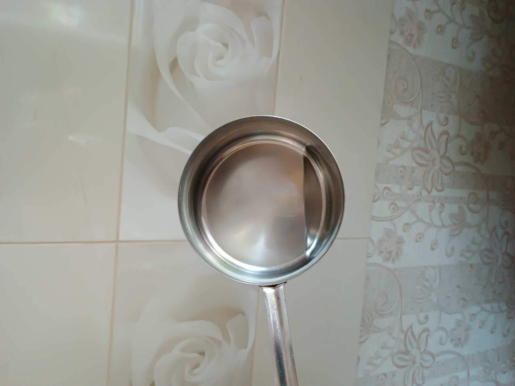 A metal ladle with a long handle rests horizontally in the foreground, its bowl reflecting light. The ladle is positioned in front of a tiled wall featuring a subtle floral pattern. The tiles appear to be ceramic, with a cream-colored base and a pale, embossed floral design. The lighting suggests an indoor setting, possibly a kitchen or dining area. There is no indication of the city of Zaporizhzhia, Ukraine, or any specific location within it.