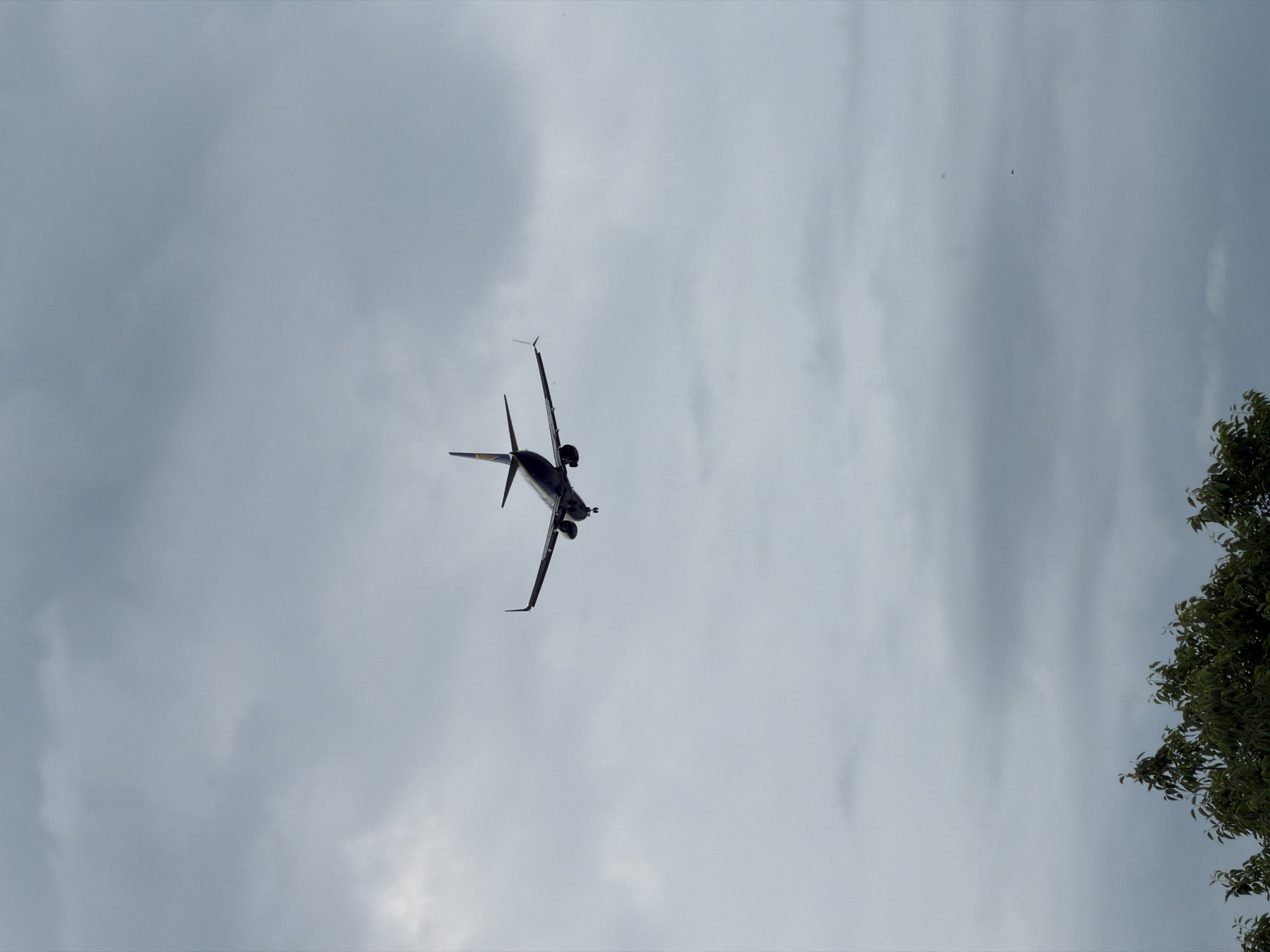 An airplane is descending in the overcast sky above Burgas, Bulgaria. The plane is dark and appears to be a commercial jet, with its landing gear extended. The clouds are heavy and gray, suggesting impending rain or a storm. In the foreground, the tops of green trees are visible, obscuring the ground. The overall impression is one of a typical day at the airport, with an aircraft making its approach for landing.
