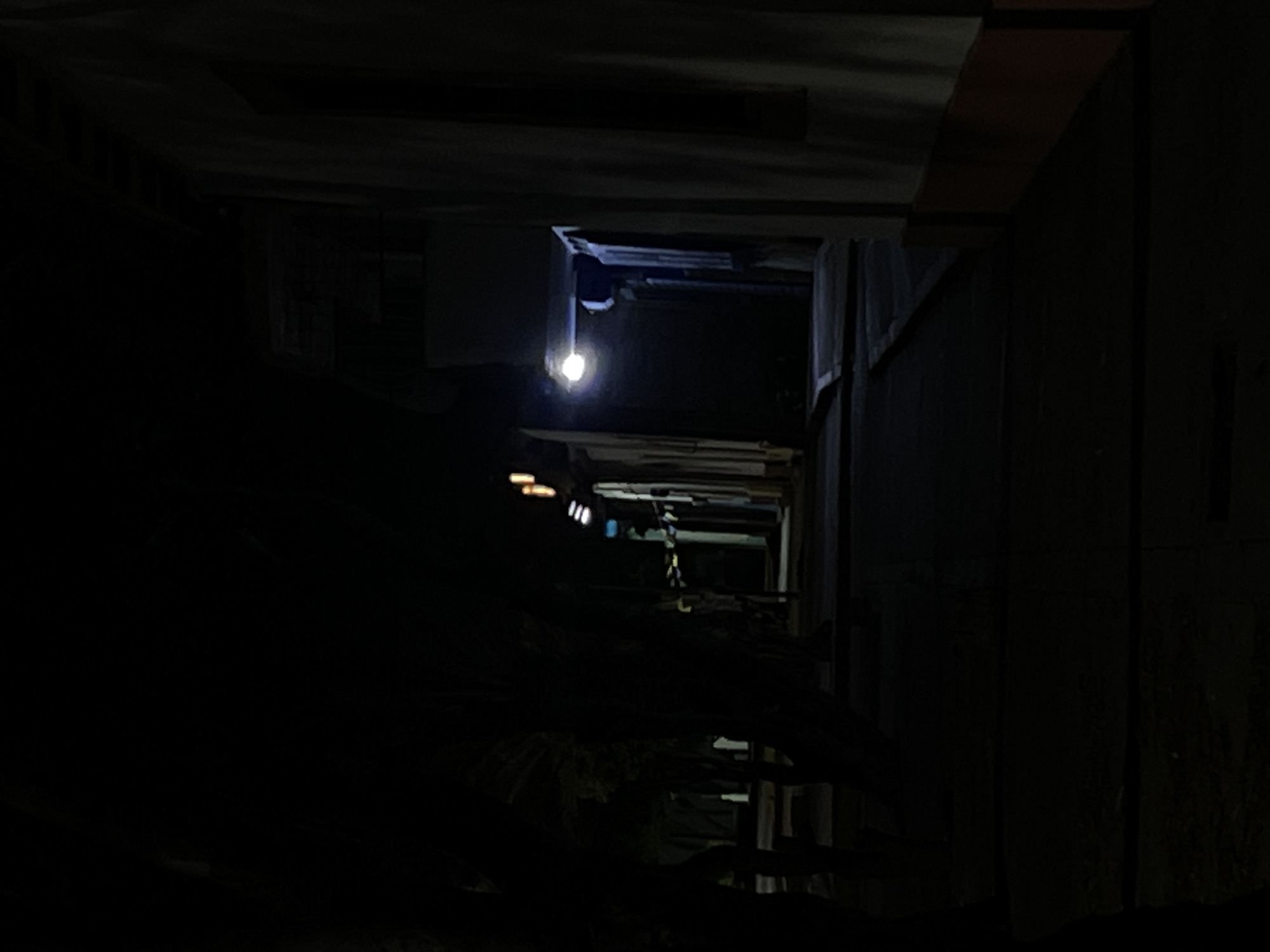 The image captures a long, extremely dark, and narrow interior passageway or corridor, likely within a building in Tacarigua, Venezuela. The setting appears to be a utilitarian space such as a maintenance tunnel, storage area, or basement, characterized by its deep shadows and limited artificial lighting.
The primary subject is the dimly lit passage itself, receding into the distance. A single, bright, bare light bulb or similar fixture hangs from the ceiling in the upper-middle of the frame, serving as the main source of illumination. This light casts a localized glow, highlighting some pipes or structural elements directly above it. Further down the passage, several smaller, fainter lights are visible, arranged in a line, suggesting greater depth and providing minimal additional visibility.
The walls of the corridor are dark and appear to be constructed from basic materials like wood paneling or concrete, with visible structural beams or supports on the ceiling and upper right wall. The left side of the passageway is almost entirely obscured by darkness, but appears to contain cluttered elements or draped materials. The right wall is solid and dark. No people are present, and no specific activity is taking place; the scene is static and devoid of movement.
The heavy darkness throughout the image suggests it was taken at night, or in an enclosed space entirely devoid of natural light. The overall mood is one of starkness and possibly a sense of confinement or neglect. There is no discernible weather information, and no visible text anywhere in the image.