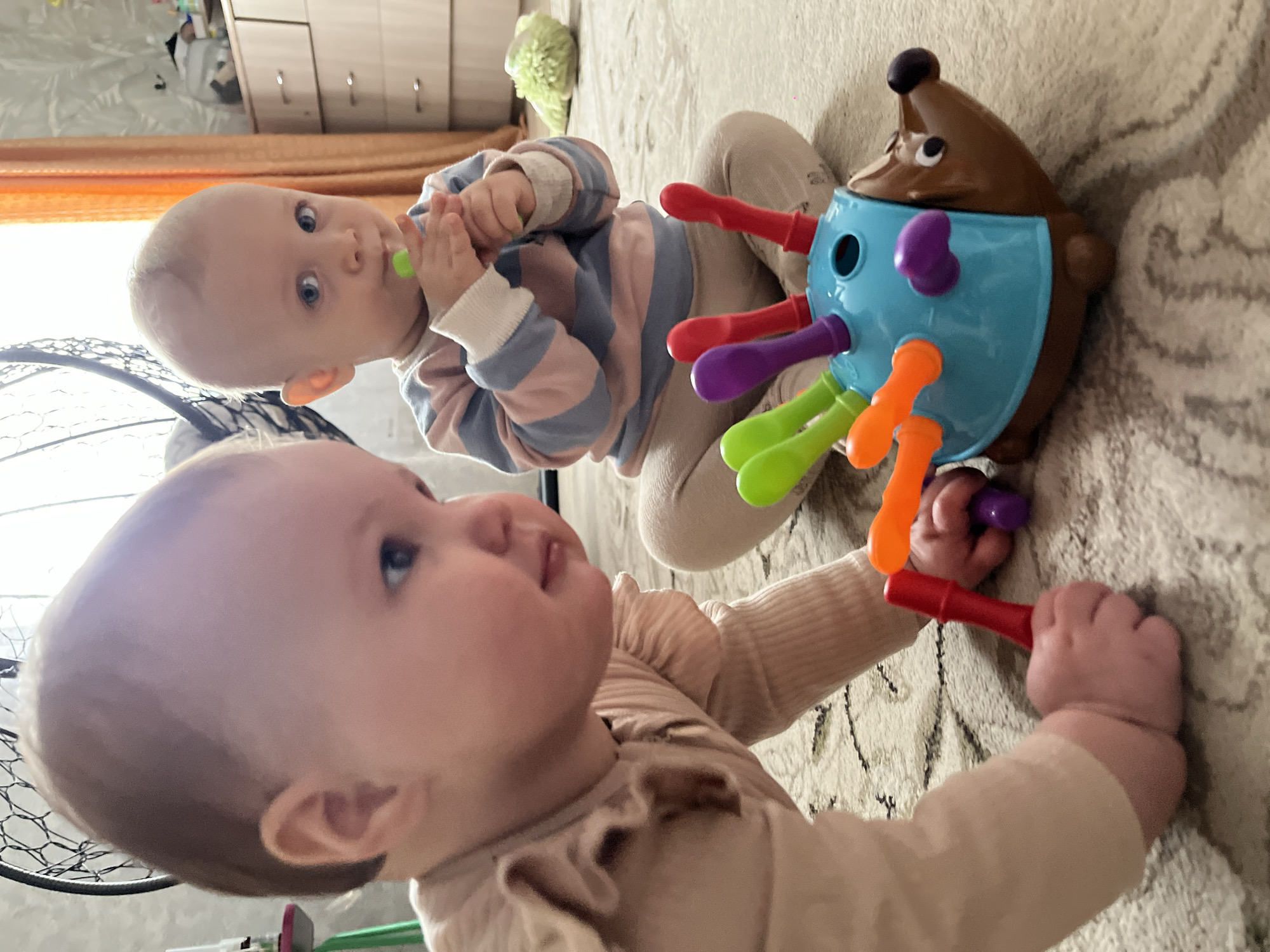 The image depicts two infants in a domestic setting, likely a residence in Novopokrovskaya, Russia. One infant, wearing a beige shirt, is foregrounded, holding a red peg in both hands, interacting with a toy. The toy is a blue and brown hedgehog-shaped object with colorful pegs inserted into it. The other infant, wearing a striped sweater, sits behind the first infant and has a pacifier in their mouth. Both infants are on a carpeted floor. Behind the infants are furniture, including a dresser, and other household items. The lighting is diffused, suggesting indoor illumination.