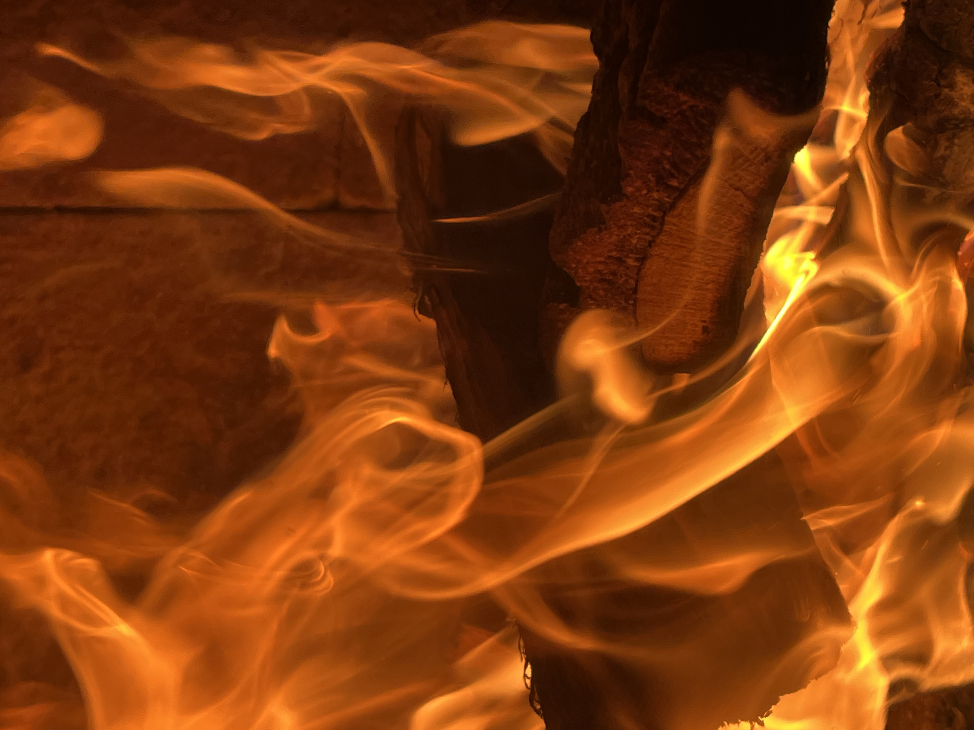 A close-up shot of a burning log is shown, presumably in Pchelnik, Bulgaria. The flames are predominantly orange and yellow. The log itself is dark brown with rough bark texture. The flames are swirling around and behind the log, obscuring any surrounding details. No people or specific environmental details are visible. The focus is on the wood being consumed by fire.