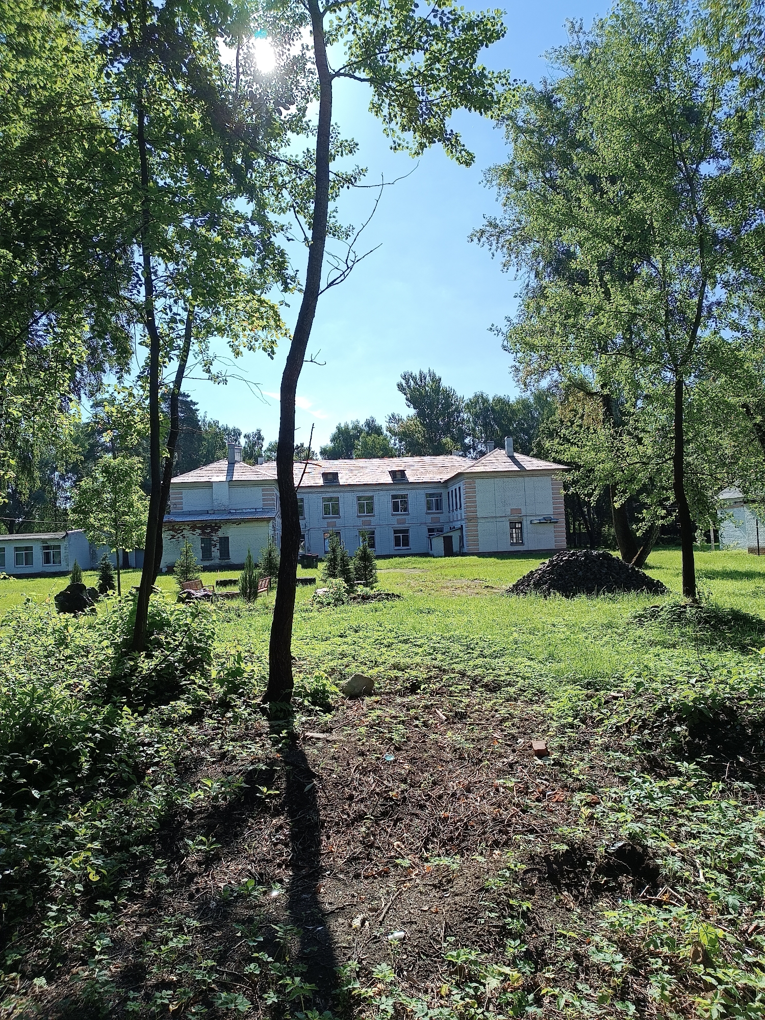 The image shows a pale blue, multi-story building with a light-colored roof, likely a former sanatorium or institutional building, situated in a green, tree-lined area. The building has multiple windows and appears to be of Soviet-era architecture. In the foreground, a pile of dark material, possibly coal or peat, is visible on the grass. Several trees with green foliage surround the building and the cleared area in front of it. The sky is clear and blue, with sunlight filtering through the leaves of the trees. The scene depicts a slightly neglected but peaceful outdoor environment. The location is identified as being in Bykovo, Russia.