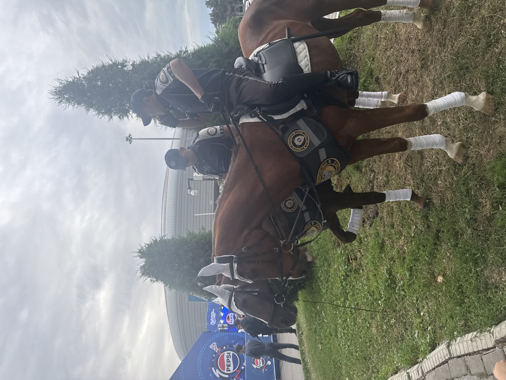 Two police officers are mounted on horseback, facing forward. The officers wear dark blue uniforms and hats, and their horses are brown with white wrappings on their lower legs. The horses have saddlebags bearing emblems written in Cyrillic script. In the background, a Pepsi display and a structure resembling a stadium are visible. The setting is outdoors on a grassy area, with a tree and overcast skies in the background. Based on the insignia on the saddlebags, the location is Tashkent, Uzbekistan. People are visible around the Pepsi display.