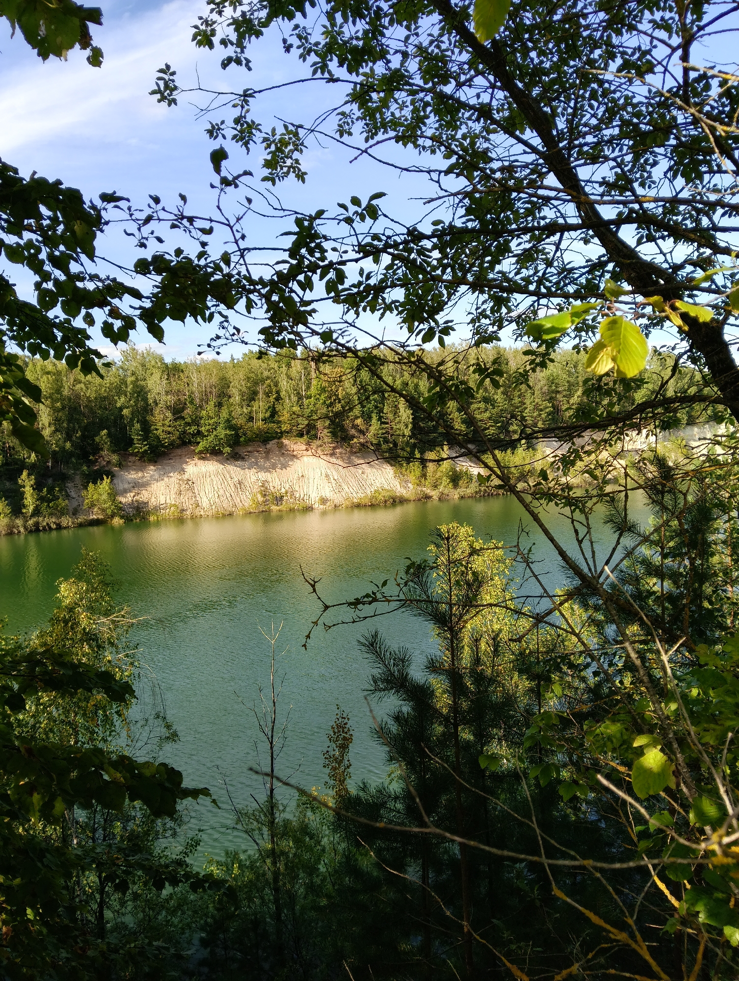 This image captures a serene natural landscape featuring a lake surrounded by a forest and a sandy embankment. The water is a vibrant green, reflecting the sky and surrounding vegetation. The embankment, composed of light-colored sand, shows signs of erosion, with distinct vertical striations. A dense forest of mixed deciduous and coniferous trees lines the embankment and extends into the background. The foreground is partially obscured by the branches and leaves of trees, framing the view of the lake and embankment. The sky is a clear blue with a few wispy clouds, suggesting fair weather.
While the image depicts a beautiful natural scene, there is no information within the image itself that allows for identification of its specific location within the city of Hrodna, Belarus, or any other specific geographical area. The image is devoid of human presence, vehicles, buildings, or any man-made structures that would provide contextual clues to its location.