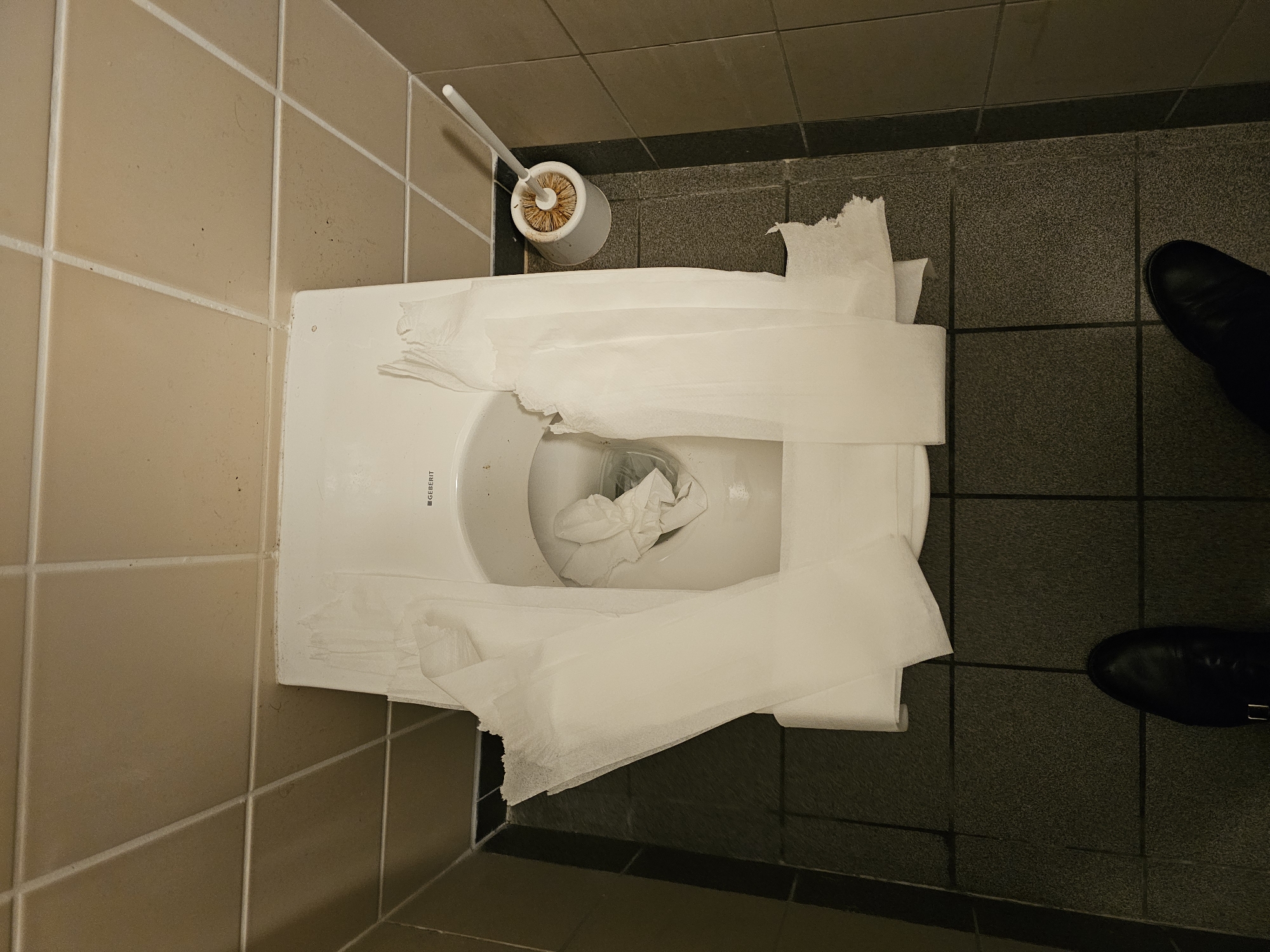 A high-angle view depicts a toilet overflowing with toilet paper in a tiled bathroom. The toilet is white and rectangular, with toilet paper both inside the bowl and draped over the sides, extending onto the floor. A toilet brush and holder are positioned to the upper left of the toilet. To the right of the toilet, on the floor, are a pair of black leather shoes. The bathroom features two types of tile: beige tiles on the left and grey tiles on the right. There is no evidence to confirm the location in Paris, France.