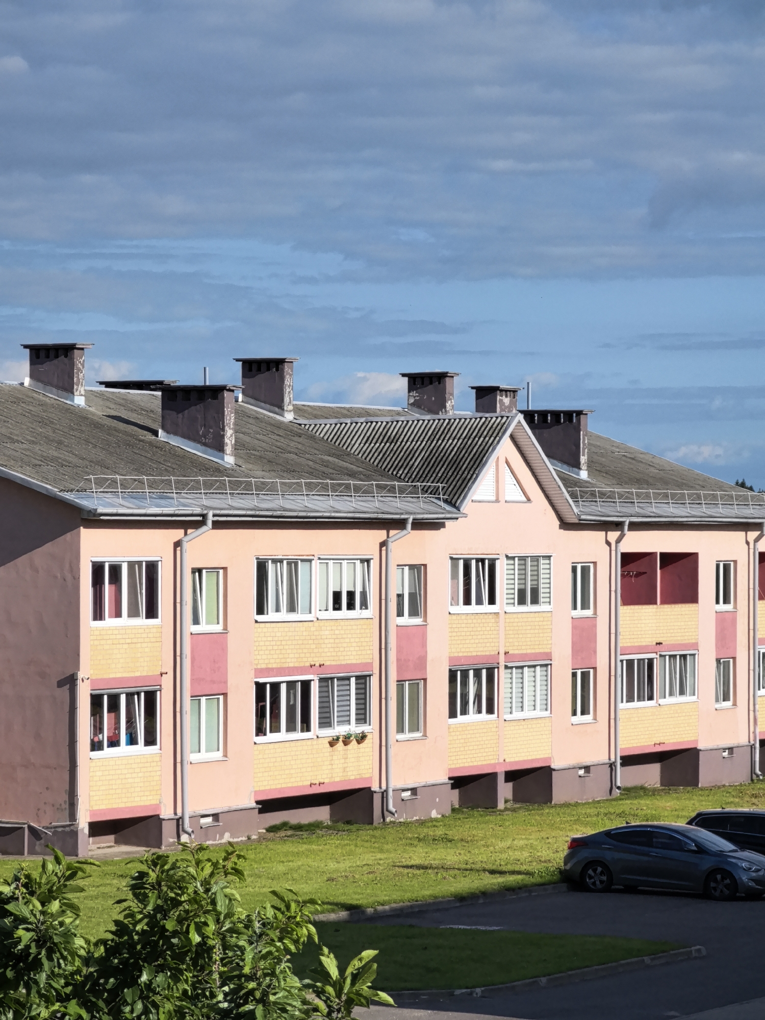 An exterior, eye-level, medium shot captures the facade of a pale pink and yellow apartment building under a cloudy blue sky. The building features multiple stories with numerous windows, some of which are open. Chimneys and a grey, sloped roof are visible at the top. A grassy area in front of the building is bordered by a paved area where two cars are parked. In the foreground, green foliage from a bush obscures the lower portion of the scene.