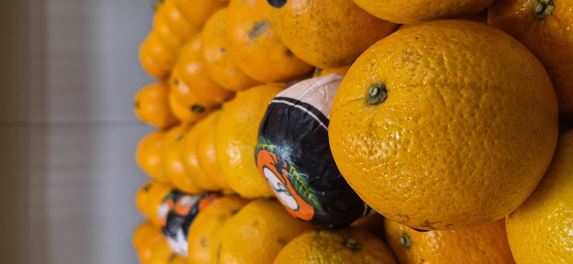 A close-up, low-angle shot showcases a pile of vibrant orange fruits, likely mandarins or tangerines, arranged in rows. The fruits are mostly out of focus, with the exception of the one in the foreground, which is sharp and fills the majority of the frame. This prominent fruit exhibits a textured rind and a small green stem. Nestled among the fruits is one that is partially wrapped in black and orange packaging, featuring a graphic design. The background is blurred and appears to be a light gray, possibly a shelf or wall, suggesting this scene is likely set in a grocery store or market. Given the context provided, this image was taken in Navalcarnero, Spain.