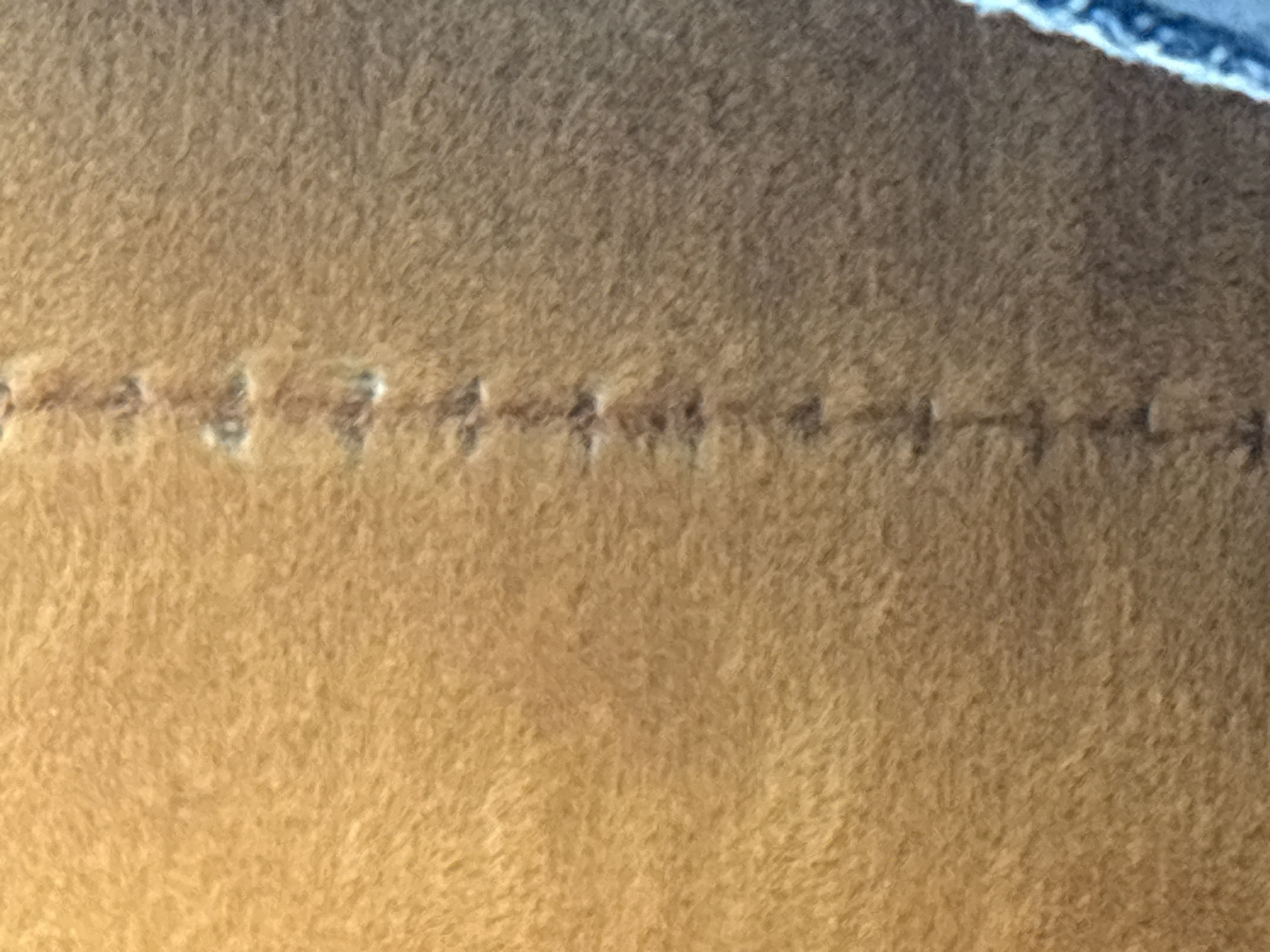 The image shows a close-up view of a stitched seam on a textured, tan-colored surface. The stitching appears to be a running stitch, with individual stitches clearly visible. The texture of the material is soft and fuzzy, possibly fabric. The lighting creates a slight gradient across the image, with the left side appearing slightly brighter than the right. There is a small portion of a blue, possibly fabric, object visible in the lower right corner of the image. No environmental or location details are discernable.