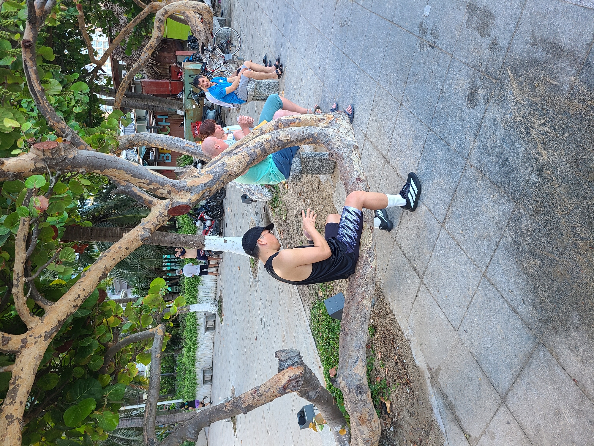 In Nha Trang, Vietnam, on a paved promenade with visible tree roots, a man wearing a black tank top, black shorts with white zig-zag patterns, white socks, and black Adidas sneakers is seated on a fallen tree branch. He is looking down and appears to be using a mobile phone. To his right, on a stone bench, a man in a teal shirt and blue shorts sits next to a woman in a white top and green shorts. Further to the right, on another stone bench, a man in a blue polo shirt and grey shorts is seated, looking to his left and smiling. In the background, motorcycles are parked, and a bicycle is visible. The environment includes lush green trees with large leaves, palm trees, and buildings in the distance.