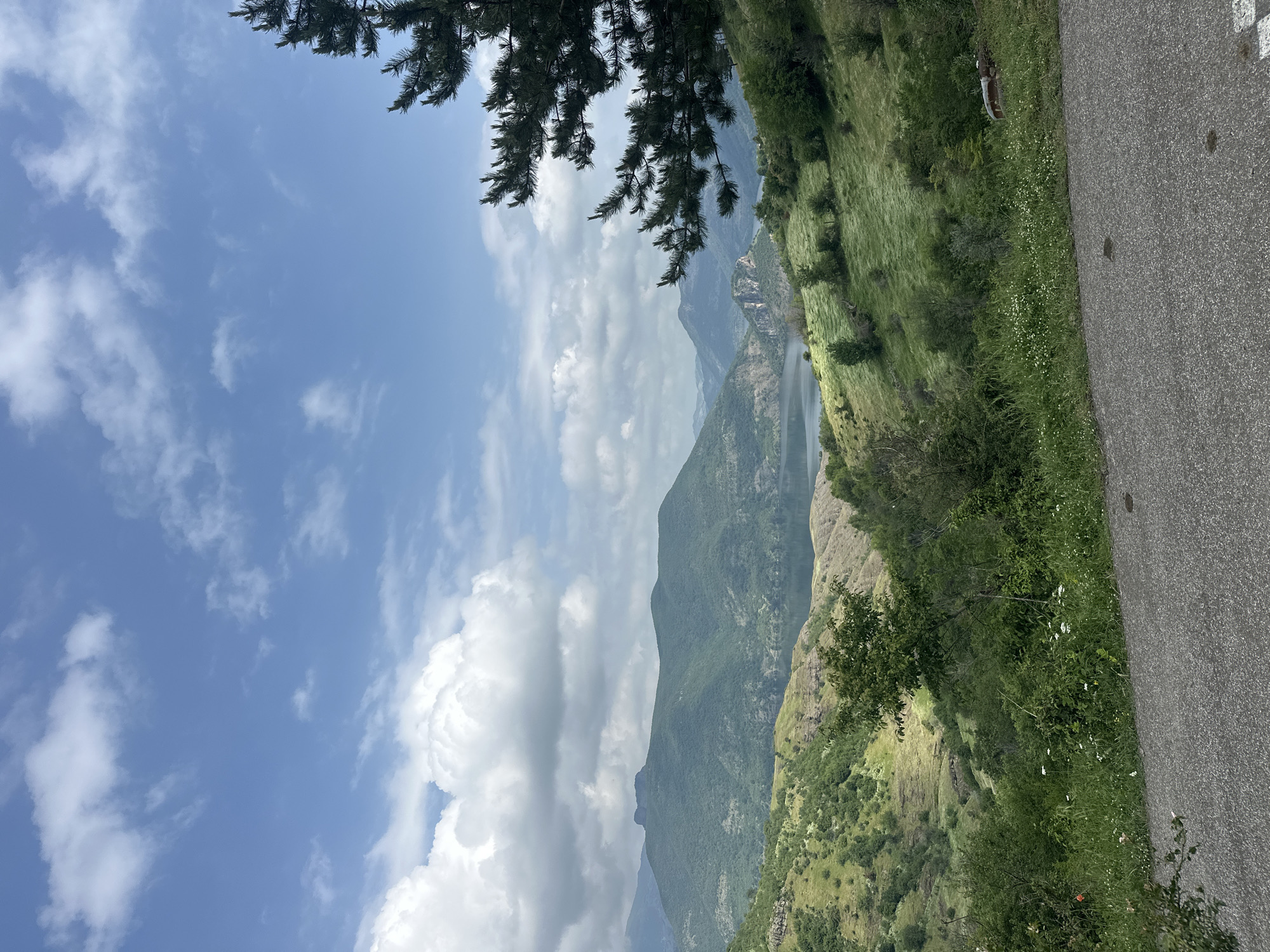 The image captures a serene natural landscape, likely in the mountainous region of Star Chitak, Bulgaria, on a clear day. The scene is dominated by layers of lush green mountains, a calm body of water, and a bright blue sky with scattered white clouds.

In the foreground, dark green pine branches partially frame the top left corner, suggesting the photograph was taken from beneath or beside a tree. To the right, a grey asphalt road runs along the edge of the frame, with faint white markings visible, indicating a roadside viewpoint. Adjacent to the road, a vibrant strip of green grass and small shrubs with white flowers thrives on the hilly terrain.

The midground and background showcase rolling mountains covered in dense green foliage, stretching into the distance. Between these verdant slopes, a placid body of water, possibly a river or lake, meanders through the valley, reflecting the light with a muted grey-blue hue. The furthest mountains appear softer and hazier, indicating atmospheric perspective and distance.

The sky is a brilliant blue with a mix of fluffy cumulus clouds and thinner wispy formations, suggesting pleasant, sunny weather during daytime, possibly late morning or early afternoon. There are no people, animals, or man-made structures other than the road visible in the tranquil landscape. The overall impression is one of natural beauty, peace, and vastness.