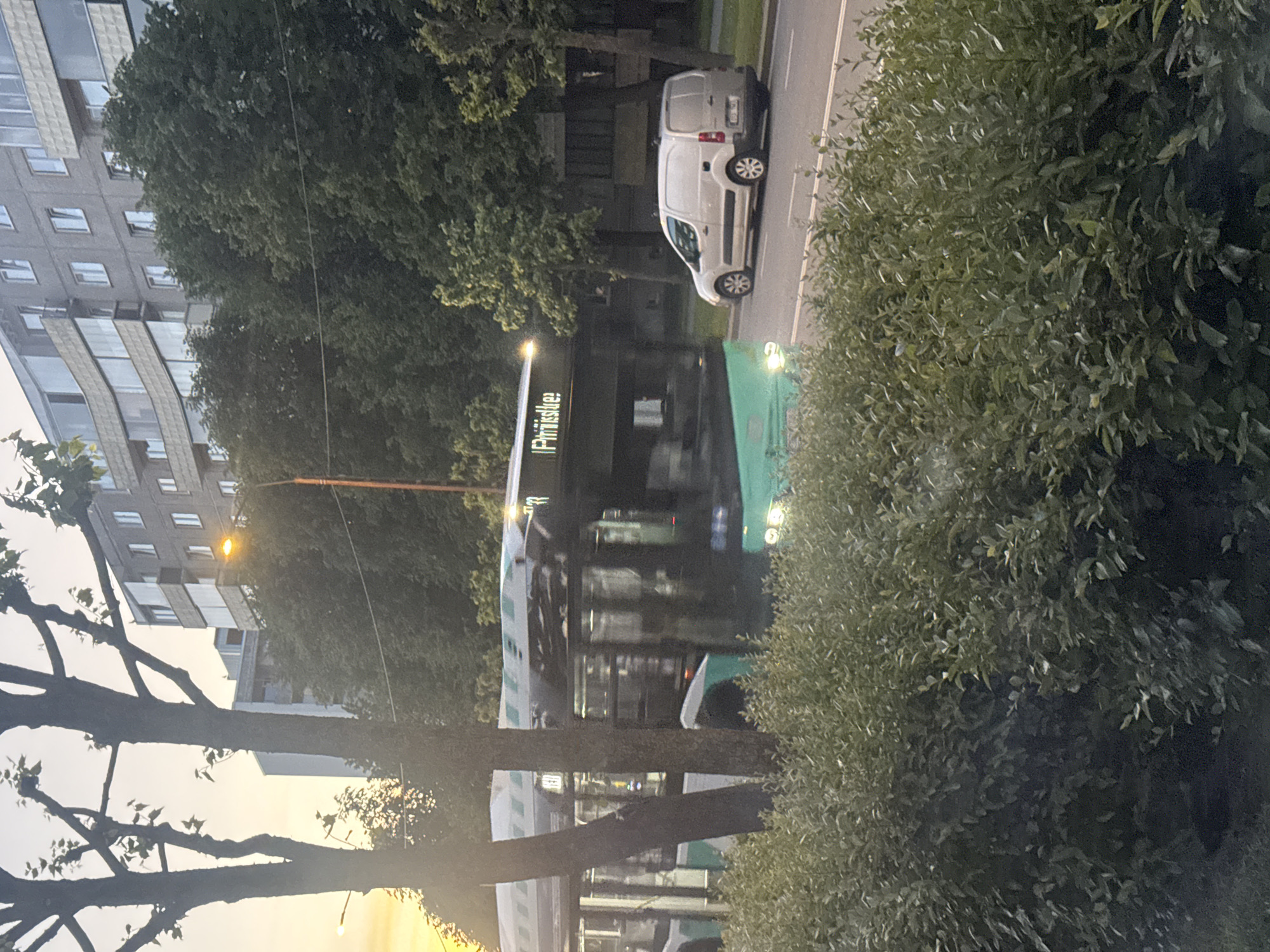 An eye-level, medium shot captures a street scene in Tallinn, Estonia, during what appears to be early evening. A public transport bus, with a green and white color scheme, travels from left to right across the frame. The bus displays the text "Pirita tee" on its destination board, indicating it is on Pirita Road. To the right of the bus, a white cargo van is parked at the side of the road. In the foreground, a dense hedge of green foliage lines the bottom of the image. Behind the bus and van, trees and residential buildings form the background. The sky is a soft orange, suggesting the sun is low on the horizon. No people are clearly visible in the image.