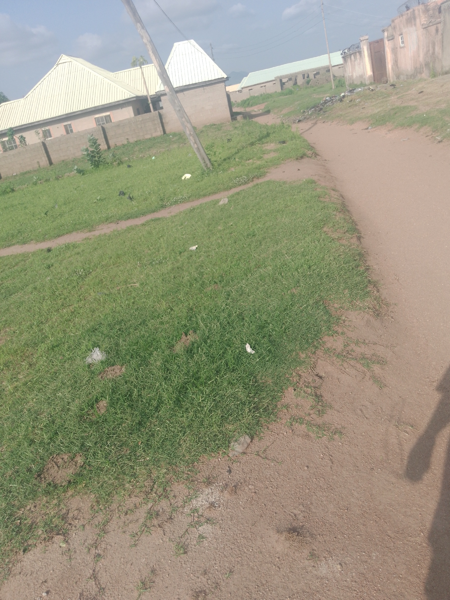 The image depicts a daytime scene in Jalingo, Nigeria. The setting is a dusty, unpaved road bordering a grassy area. In the background, there are several buildings with corrugated metal roofs, suggesting a residential or commercial area. Some of these buildings are enclosed by concrete block walls. A prominent feature is a tall wooden utility pole on the left side of the road, with electrical wires running across the sky. The grass appears somewhat unkempt, with some scattered debris, including plastic bags. The road is dry and dusty, typical of an arid or semi-arid environment. The lighting suggests it is daytime, with shadows visible on the ground, indicating the sun is not directly overhead. The overall impression is one of a developing area, with modest infrastructure. No people are clearly visible, though a shadow on the lower right suggests someone may be taking the photograph. There is no visible text in the image.