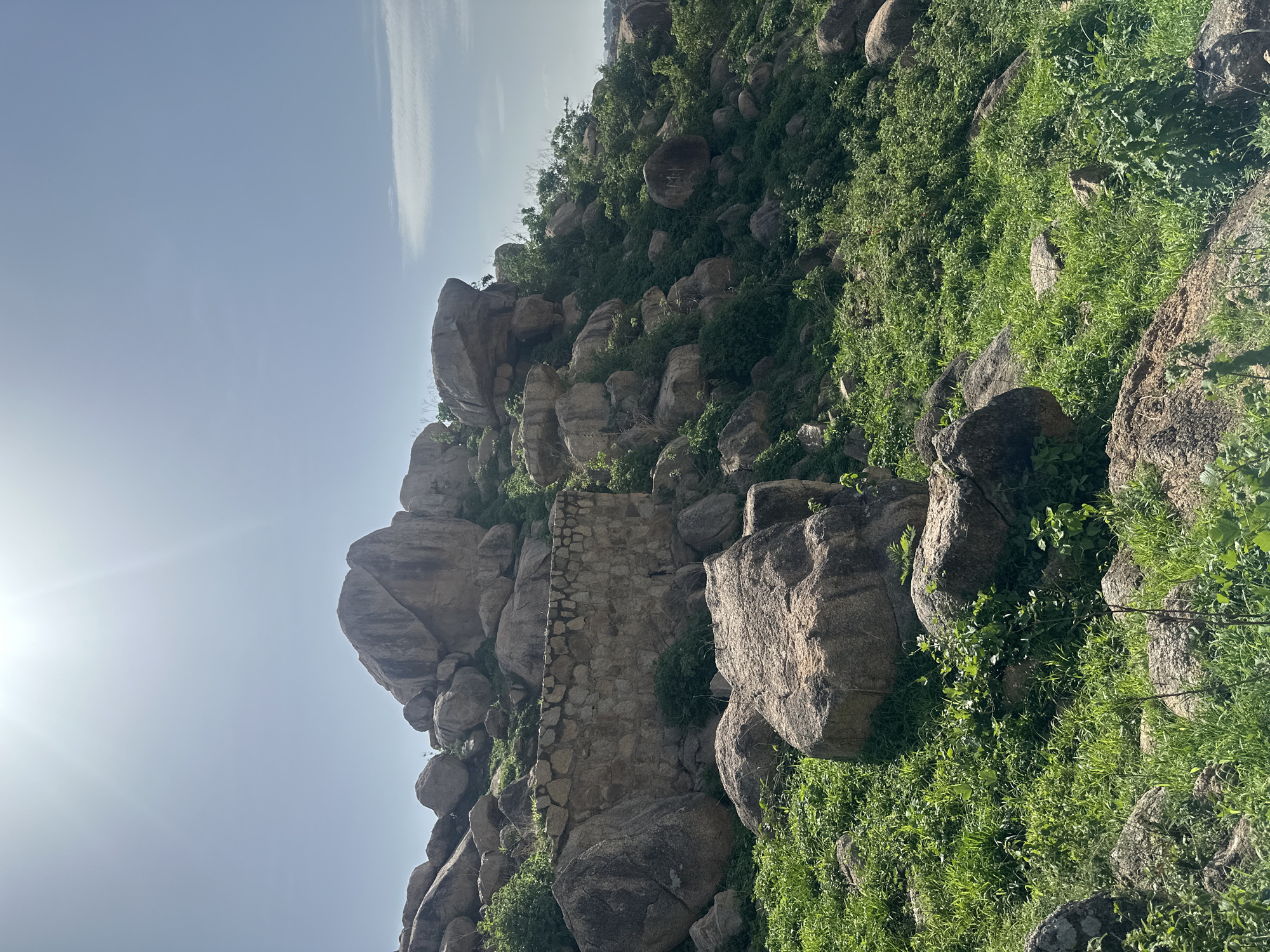 The image depicts a rocky, overgrown hillside under a bright, clear sky with the sun high and slightly to the left, casting a bright glare. The terrain is characterized by large, scattered boulders and a dense growth of green vegetation, including grasses and bushes. In the middle ground, a section of an old stone wall is visible, constructed from irregular, roughly hewn stones and appearing somewhat weathered. The wall seems to be integrated into the natural rocky landscape. The overall scene suggests a natural, possibly historical or archaeological site. The location is identified as the area around the Mado Tourist Village in Jos, Nigeria, known for its rocky outcrops and natural beauty. There are no people or animals visible in the image.