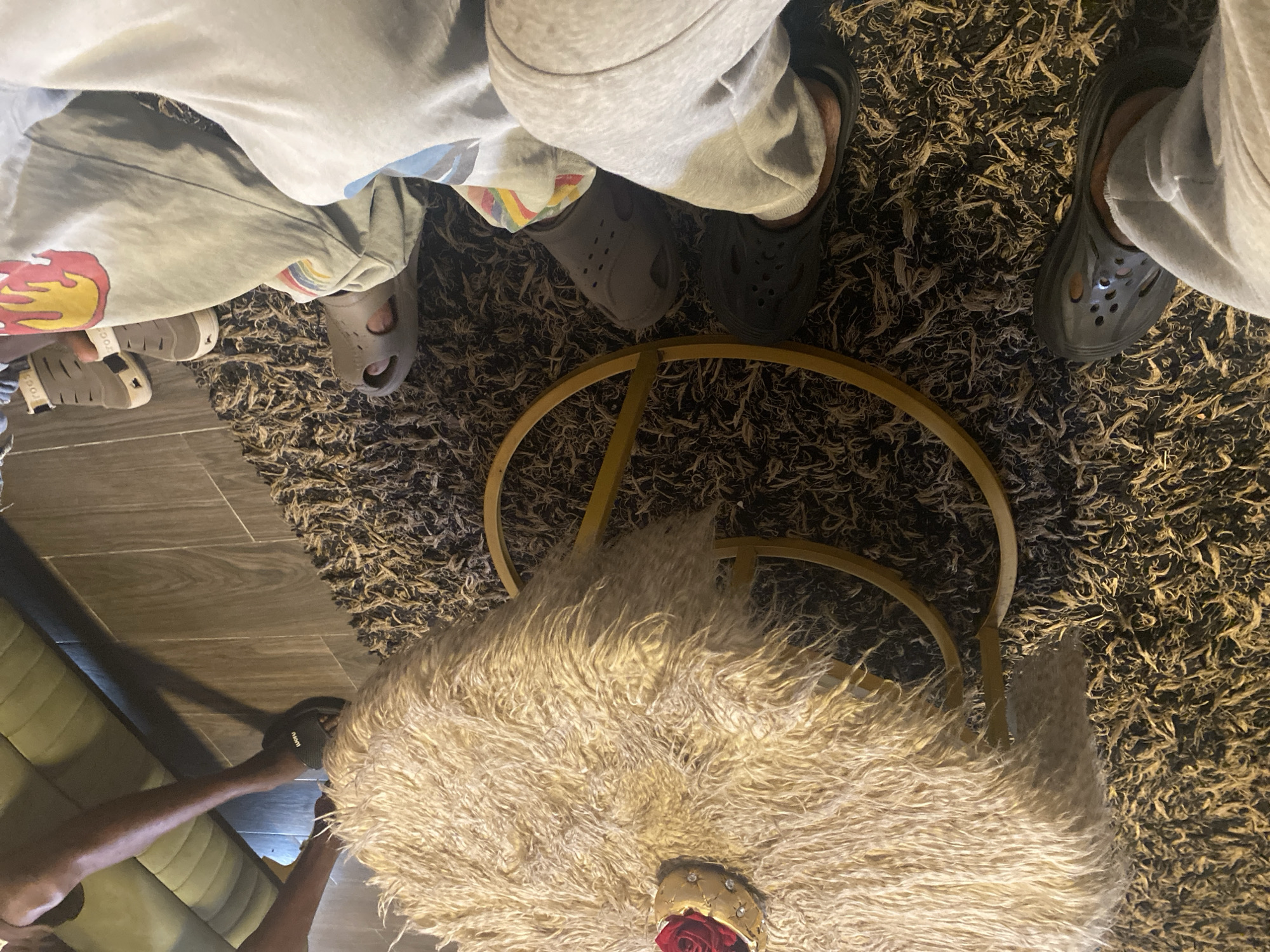 An overhead, high-angle shot captures a gathering of several individuals indoors, seen from their torsos down to their feet. The primary subjects are the legs and feet of at least four people, positioned around a central low table. Most individuals wear casual sweatpants or joggers in shades of grey. One person wears light grey pants with a yellow and red flame design on the lower leg, while another has rainbow stripes visible near the ankle.
Footwear varies, with several people sporting clogs that resemble Crocs, in dark grey and lighter grey tones. One pair of clogs has the word "CROCS" faintly visible on its strap. Another person wears black flip-flop sandals, with the brand "NIUNI" visible on the insole.
At the center of the image is a small, round table with a golden metallic frame and a plush, shaggy, light beige or cream-colored fur top. Resting on the fur top is a decorative golden object, possibly a small crown or bowl, adorned with jewels and containing a red rose.
The setting appears to be a living room or lounge area. The floor is covered by a dark, shaggy rug with light brown fibers in some areas, contrasting with a section of smooth, light brown tiled or wooden flooring visible to the left. A green, upholstered sofa or bench is partially visible in the bottom left, suggesting a comfortable, indoor environment. The lighting indicates an indoor setting, but the specific time of day is not discernible.