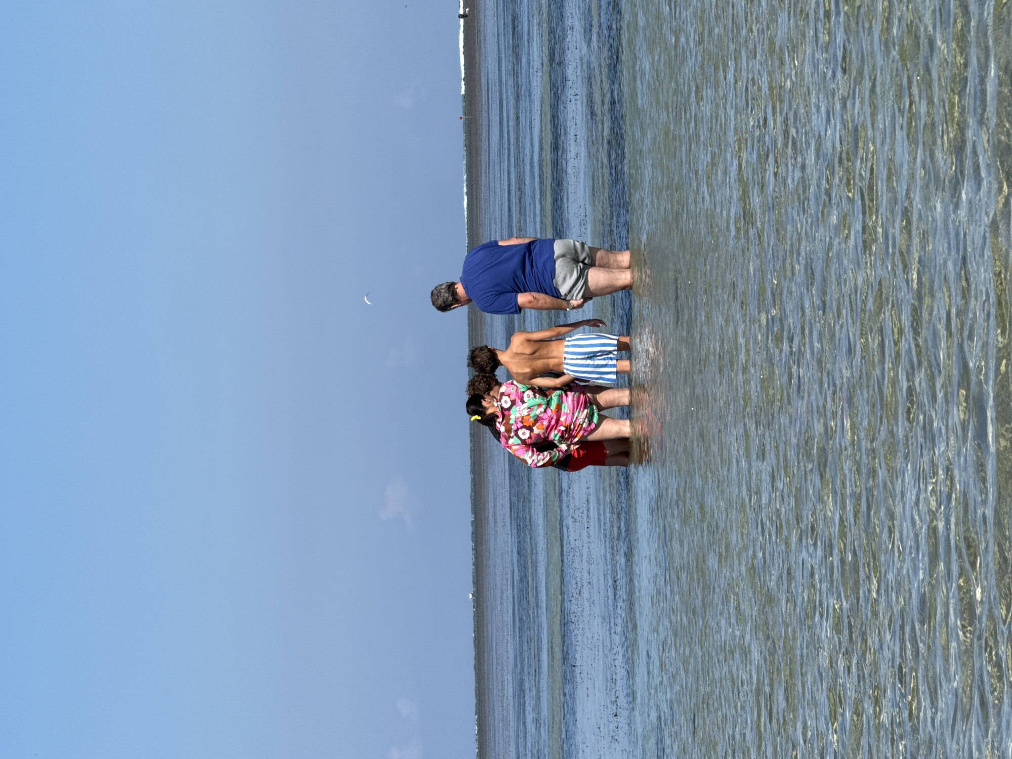 A group of four people are standing in shallow, clear water under a bright blue sky. In the foreground, the water is calm with sunlight reflecting off its surface, revealing the sandy bottom.
On the left, two individuals, appearing to be an adult and a child, are huddled together. The adult, wearing a colorful floral rash guard and red shorts, is facing away from the camera. The child, to their right, is wearing a vibrant pink and green floral long-sleeved swimsuit and is also facing away.
To the right of this pair, a young boy in blue and white striped swim shorts stands with his back to the camera. Next to him is an adult male wearing a blue polo shirt and gray shorts, also facing away from the viewer.
In the distance, the horizon shows a thin line of land or vegetation, with a faint, darker line indicating waves breaking further out. The sky is clear except for a small, white kite visible in the upper center of the frame. The overall scene suggests a recreational outing at a beach or shallow coastal area. There is no visible indication of the city of Denpasar, Indonesia in this image.