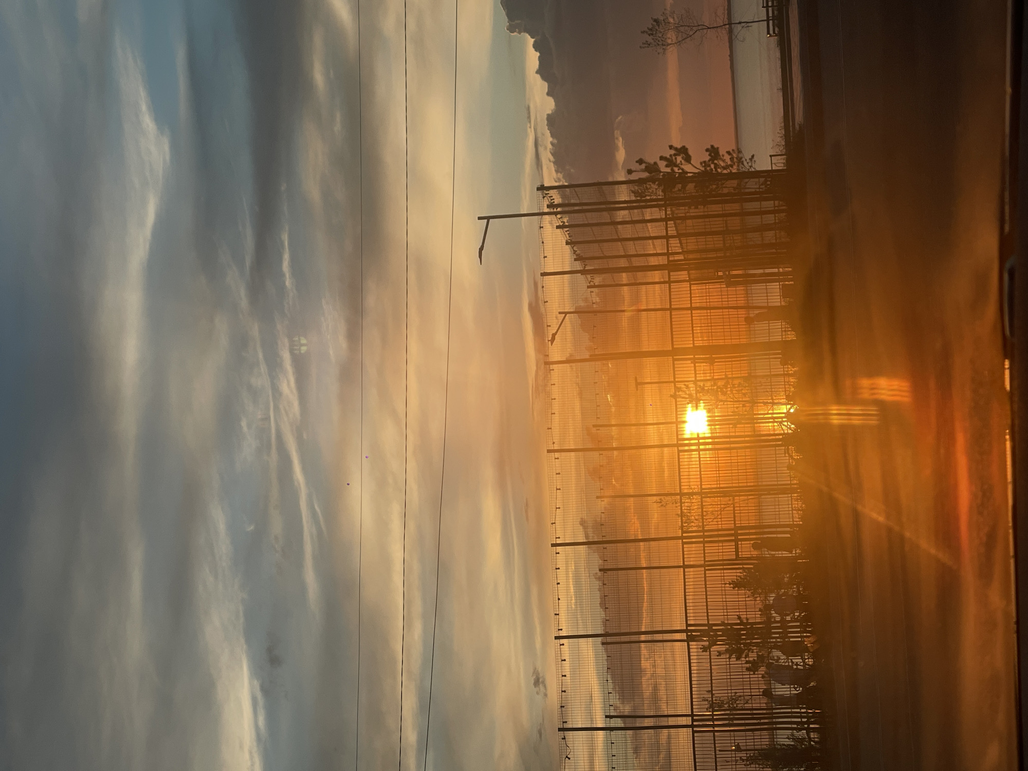 This image captures a sunset over a body of water, likely a lake or sea, as viewed from a street in Kokshetau, Kazakhstan. The sun, a brilliant orange orb, is low on the horizon, casting a warm glow across the sky. Wispy clouds stretch across the upper portion of the frame, painted in hues of orange, yellow, and gray. In the foreground, a chain-link fence, likely surrounding a sports facility or park, stretches horizontally across the midground. Silhouettes of trees and several individuals are visible behind the fence, their forms softened by the bright light. A lamppost is visible behind the fence on the right. The foreground is dominated by a street or paved surface, reflecting the intense orange light of the sunset, creating a lens flare effect. Power lines are strung across the sky in the upper portion of the image. The overall impression is one of a serene, late-day scene in a city park or recreational area.