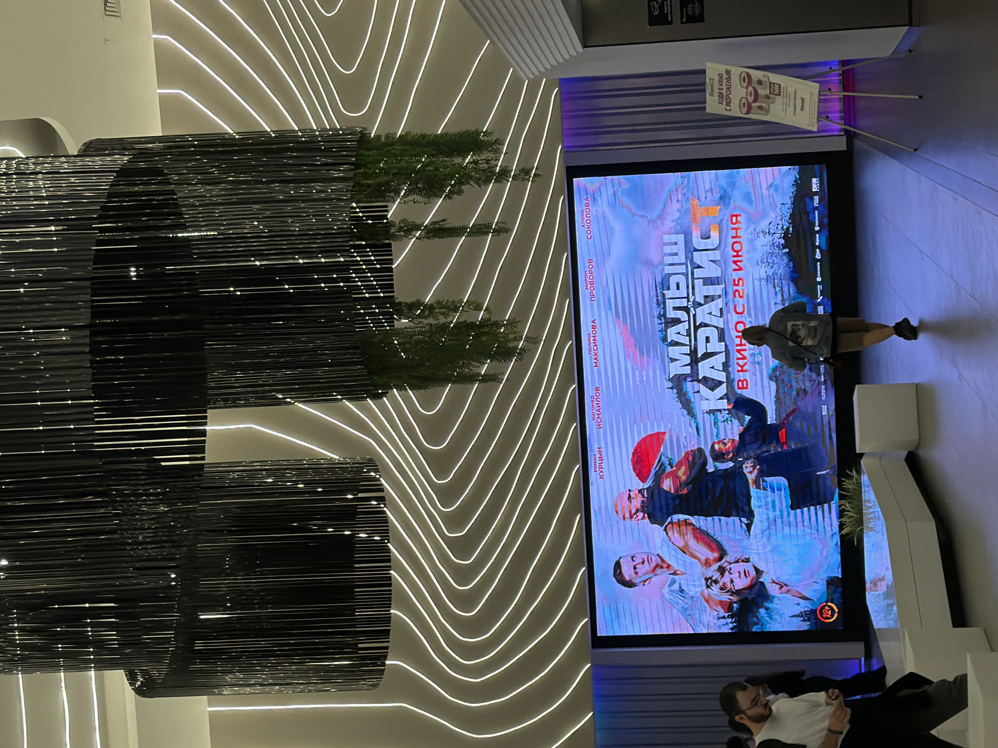 A vertical, wide-angle shot captures a modern interior space, possibly a cinema lobby, with a large digital screen dominating the right side of the frame. The screen displays a movie poster for "Малыш Каратс" (Little Karateka), which translates to "Kid Karateka" and is scheduled for release on June 25th. The poster features several actors, including Roman Kurtsyn, Magomed Ismailov, Polina Maksimova, Miron Provorov, and Alina Sokolova. Below the poster, there's a promotional sign for ice cream, priced at 149 rubles.
To the left of the screen, a striking architectural feature is visible: a tall, cylindrical structure composed of numerous horizontal, dark-colored slats, creating a textured, layered effect. Interspersed within this structure are vertical lines of light, likely LEDs, which illuminate the space. Behind the screen and the slatted structure, a white, undulating wall with embedded light strips adds a futuristic aesthetic to the environment.
In the foreground, a young woman with her back to the camera is looking at the movie poster. She is wearing a grey sweatshirt with a graphic design on the back. Further down and to the right, a man wearing a white t-shirt and dark pants is seated, looking at his phone. The overall lighting is ambient and somewhat dim, with the brightest illumination coming from the digital screen and the wall's light strips, suggesting it could be evening or a space designed for cinematic viewing. The atmosphere appears relaxed and casual, typical of a public entertainment venue.