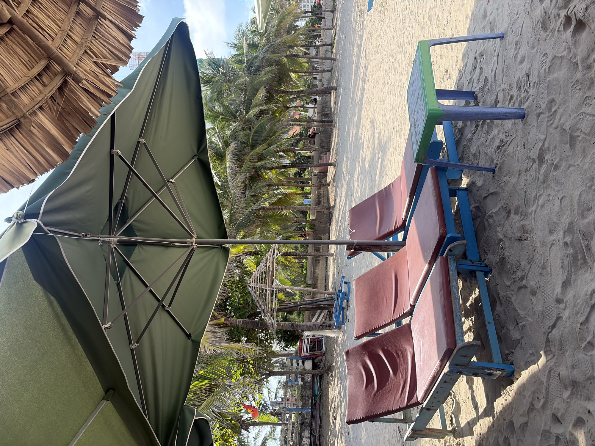 The image depicts a beach scene in Da Nang, Vietnam, likely a resort area. In the foreground, three maroon-colored lounge chairs with blue frames are positioned on the sandy beach, partially shaded by a large green umbrella. To the right of the chairs is a small, square green-and-blue plastic table. Behind the lounge chairs, a line of palm trees creates a natural backdrop. Further in the distance, a low concrete wall separates the beach from a more developed area with buildings and more palm trees. The sky is blue with scattered clouds, suggesting a sunny day. The sand is marked with footprints and tire tracks, indicating recent activity. The overall atmosphere is one of a tropical beach, likely prepared for tourists.