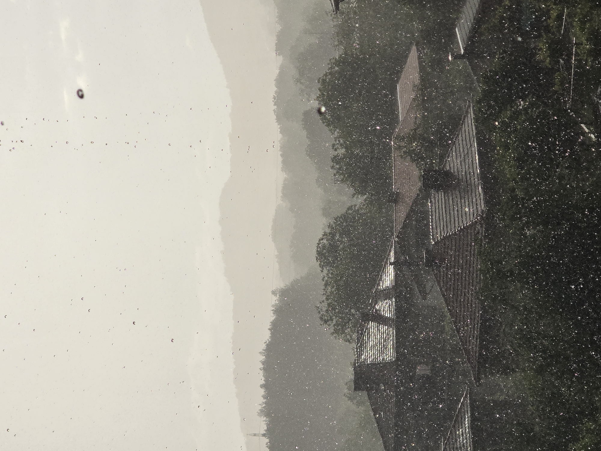 The image shows a view from inside a window during a heavy rain. Raindrops are visible on the glass. Outside the window, trees and buildings with tiled roofs are visible. The scene appears to be a residential area. The specific location is indicated as Troyan, Bulgaria. The overall impression is of a rainy day with low visibility.