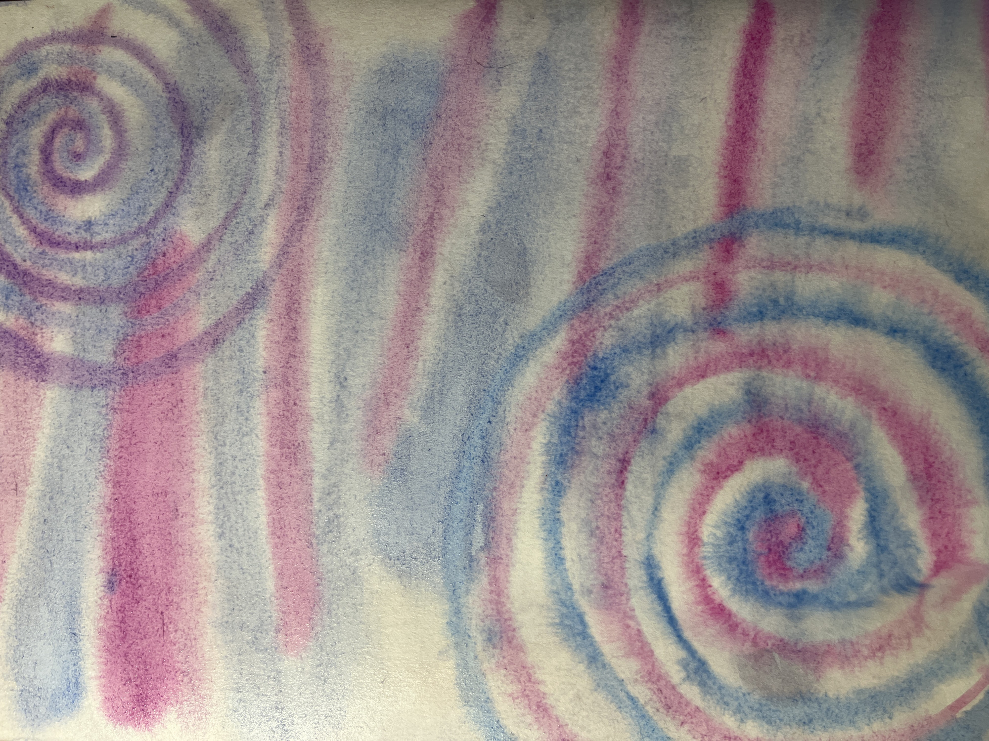 The image is a watercolor painting with two spiral patterns and vertical stripes of blue and pink. The left spiral is in the upper left quadrant, while the right spiral is in the lower right quadrant. The background consists of vertical stripes of blue and pink. The artwork appears to be abstract and does not depict a specific location in Saint Petersburg, Russia. There are no people, objects, or actions depicted other than the watercolor painting itself.