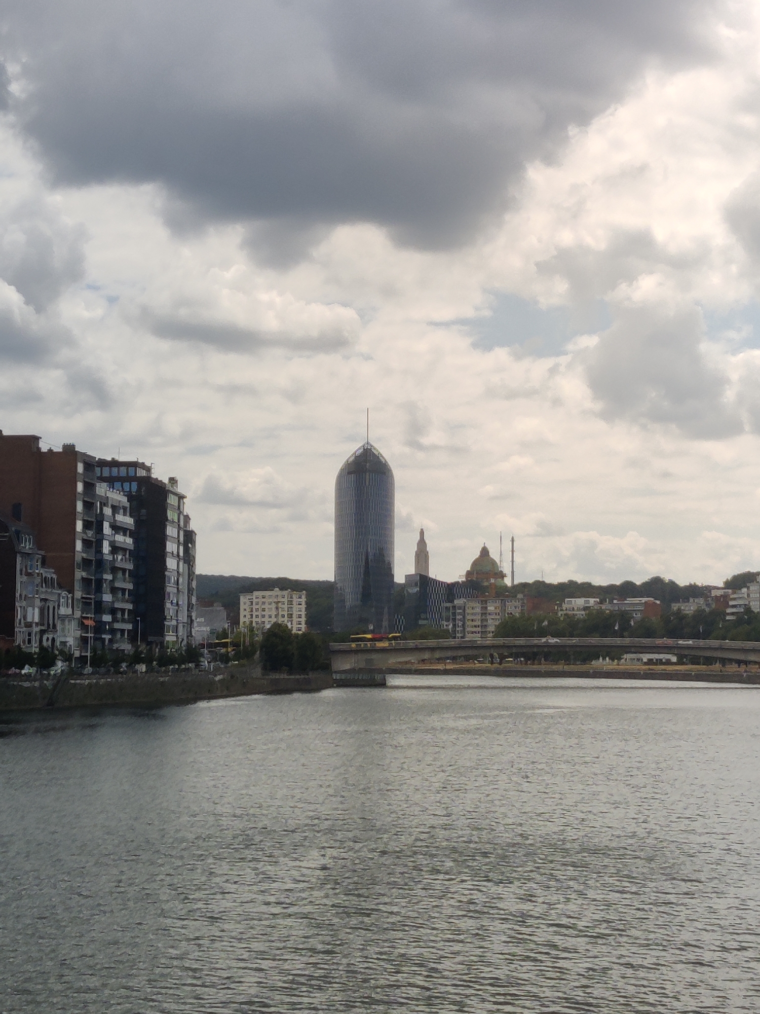 This is a photograph of the Liège cityscape, focusing on the Meuse River in the foreground. On the left bank of the river, a series of multi-story buildings with a mix of architectural styles, including residential and commercial properties, line the waterfront. Dominating the mid-ground skyline is the distinctive, glass-clad, ovular-shaped skyscraper, the Tour des Abattoirs, a prominent landmark in Liège. Further to the right, a domed structure, likely part of a church or civic building, is visible, along with other urban architecture and trees. A bridge spans the river in the middle distance, with traffic, including cars and what appears to be a tram, visible crossing it. The sky is overcast with dramatic, dark clouds. The river is calm, reflecting the muted light. There are no people or animals clearly visible in the image.