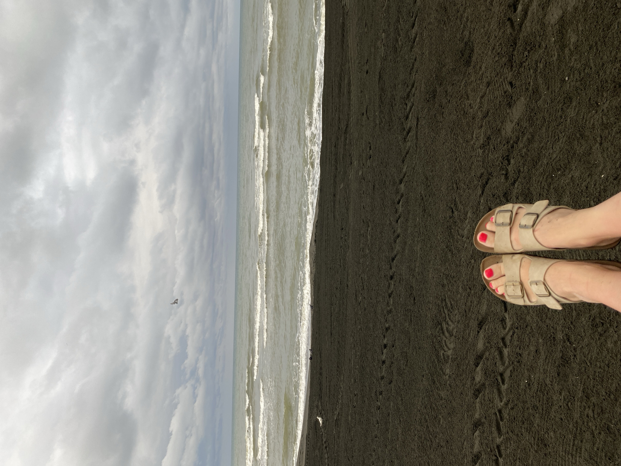 The image shows a person's feet wearing beige sandals with bright pink toenails, resting on dark, wet sand on a beach. In the background, the choppy, grey sea meets a cloudy sky. A single bird is visible in flight in the sky, and several other birds are scattered along the shoreline. The beach appears to be a public area with tire tracks imprinted in the sand. The scene suggests a slightly overcast day at the Black Sea coast in Ureki, Georgia, known for its magnetic black sand.