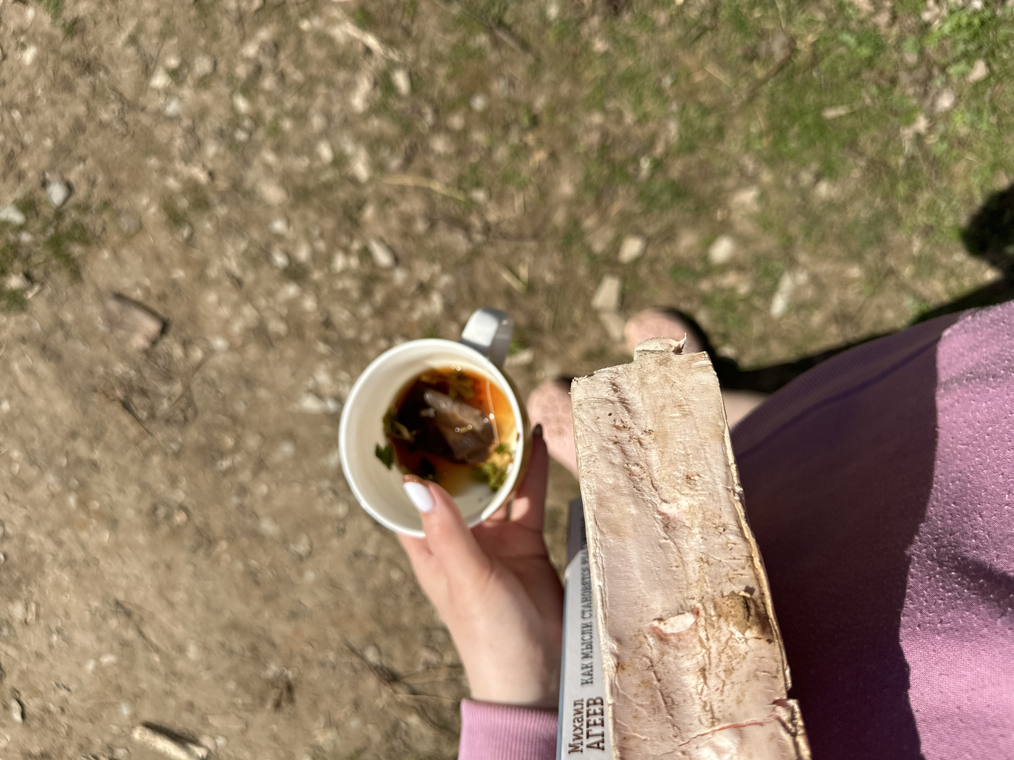 A downward-angled, outdoor shot shows a person holding a cup of tea and a book while standing on a dirt ground. The person is wearing a pink top and a pink sandal is visible. The white cup contains tea with what appears to be a tea bag and a few green leaves. The book is held in the same hand as the cup, with a visible spine printed with text in Russian, "Михаил Агеев. КАК МЫСЛИ СТАНОВЯТСЯ.." The ground is a mix of dirt, small rocks, and sparse patches of green grass or moss. The location is likely outdoors, but there is no detail in the background that defines it, nor places it in the city of Cheryomushki, Russia.