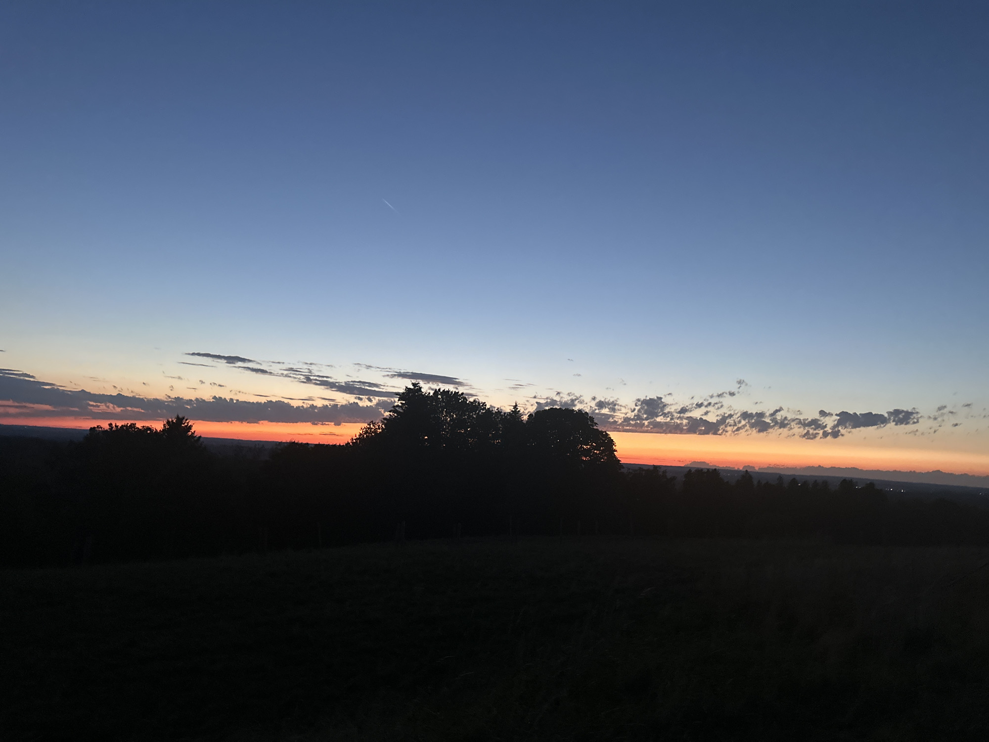 The image depicts a tranquil evening scene in Amerang, Germany. The sky transitions from a deep blue at the top to a vibrant orange and red hue near the horizon, indicating sunset. Wispy clouds are scattered across the sky, catching the last rays of sunlight. In the foreground, a silhouetted line of trees creates a dark, undulating border against the colorful sky. Beyond the trees, the landscape appears to be a rolling countryside, with distant lights suggesting a small town or village. The overall atmosphere is serene and picturesque, capturing the beauty of a German countryside at dusk.