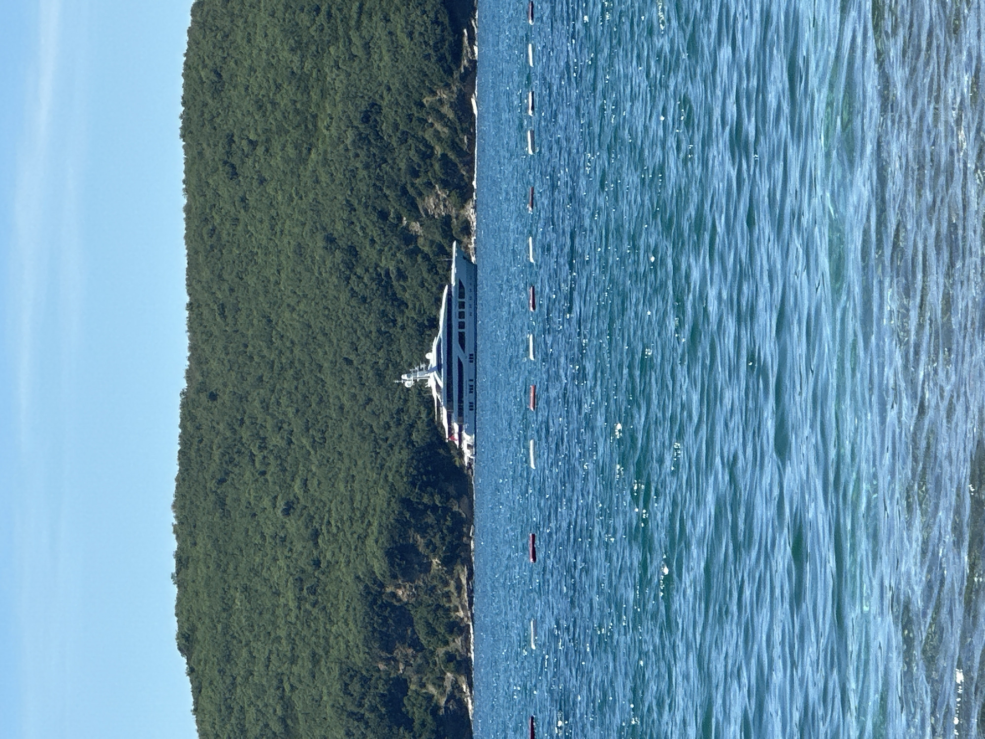 The image depicts a coastal scene in Boreti, Montenegro. On the left, a lush, green hillside slopes down to the water's edge. A large, white yacht is docked near the shore. In the middle ground, the water is a vibrant blue, with numerous white and red buoys scattered across the surface. The sky is a clear, pale blue.