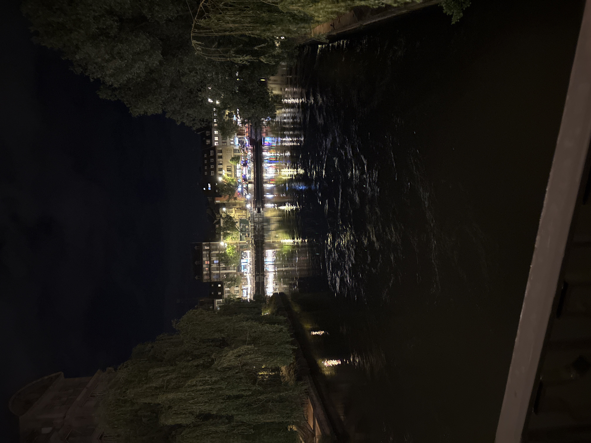 The image depicts a night scene in Strasbourg, France, along the Ill River. The view is from a bridge, with the river occupying the right portion of the frame. Buildings with lights reflecting on the water are visible in the distance on the opposite bank. Trees line the riverbanks, and the sky is dark.