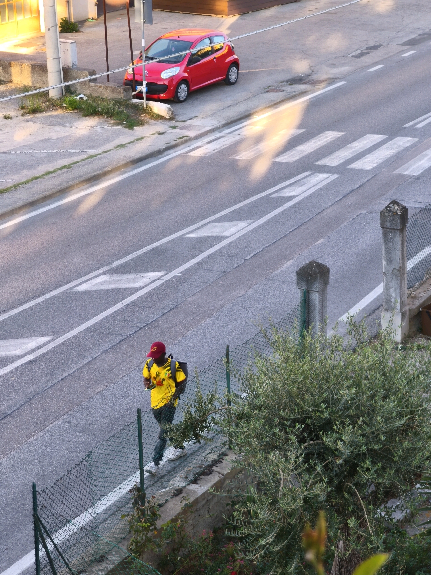In Passignano sul Trasimeno, Italy, a bright red Fiat 500 is parked on the side of a paved road. The car is facing left. A pedestrian wearing a yellow shirt with colorful graphics and a red cap is walking on the side of the road, also facing left. The pedestrian is wearing dark pants and white sneakers and has a dark backpack. The road has white lane markings and a crosswalk is visible further down the road. There is a green chain-link fence to the right of the pedestrian, and a large bush with green leaves is growing behind the fence. Concrete posts are visible along the fence line. The scene appears to be an outdoor urban setting during daylight.