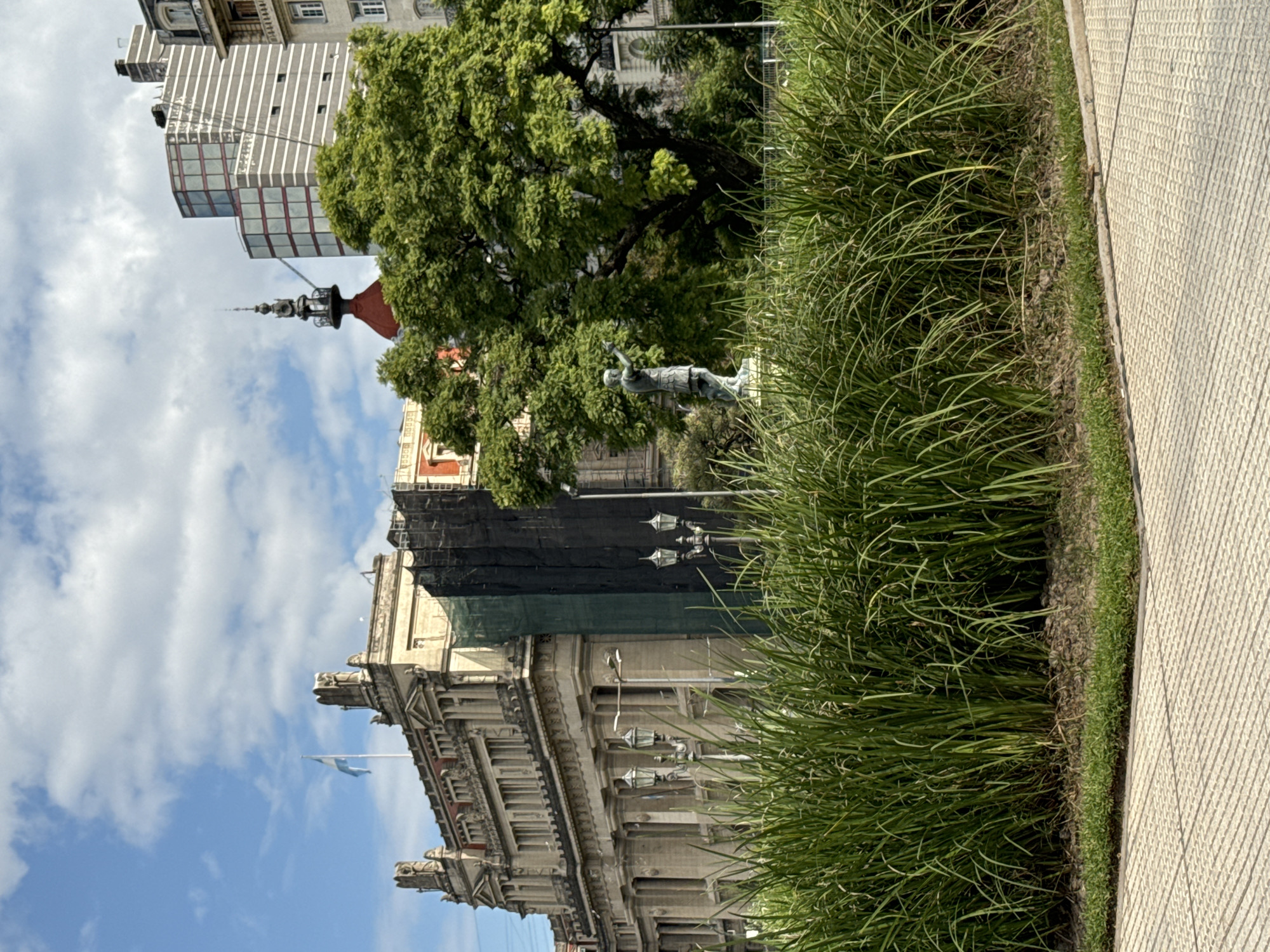 This daytime urban scene captures a blend of historical architecture, modern structures, and green spaces, likely in Buenos Aires, Argentina.
In the foreground, a textured, light-colored paved sidewalk runs along the right edge of the frame, bordered by a strip of tall, vibrant green ornamental grass that extends into the middle ground. Behind the grass and dominating the center-right is a large, mature tree with dense green foliage.
Beneath the tree, a weathered statue of a male figure stands prominently. The figure appears to be dressed in a historical or military uniform, holding an object, possibly a weapon or a standard, in his raised hand.
The background is dominated by several buildings. To the left, a grand, classical-style building showcases ornate detailing, multiple windows, cornices, and decorative elements resembling gargoyles. Part of this building's facade is covered by black and green netting or scaffolding, indicating ongoing construction or maintenance. Antique-style streetlights are affixed to its exterior. A light blue and white flag, consistent with the Argentine flag, flies from a pole on this building. Further back and to the left, another structure features a distinctive red-roofed spire or turret. Towering above these, a modern high-rise building with a striped pattern of light and dark horizontal bands and some glass sections is visible against the sky.
The sky is bright blue with scattered, fluffy white clouds, suggesting clear and pleasant weather. There is no specific activity or event taking place, and no visible text can be deciphered. The overall atmosphere is that of a bustling yet green city square or park.