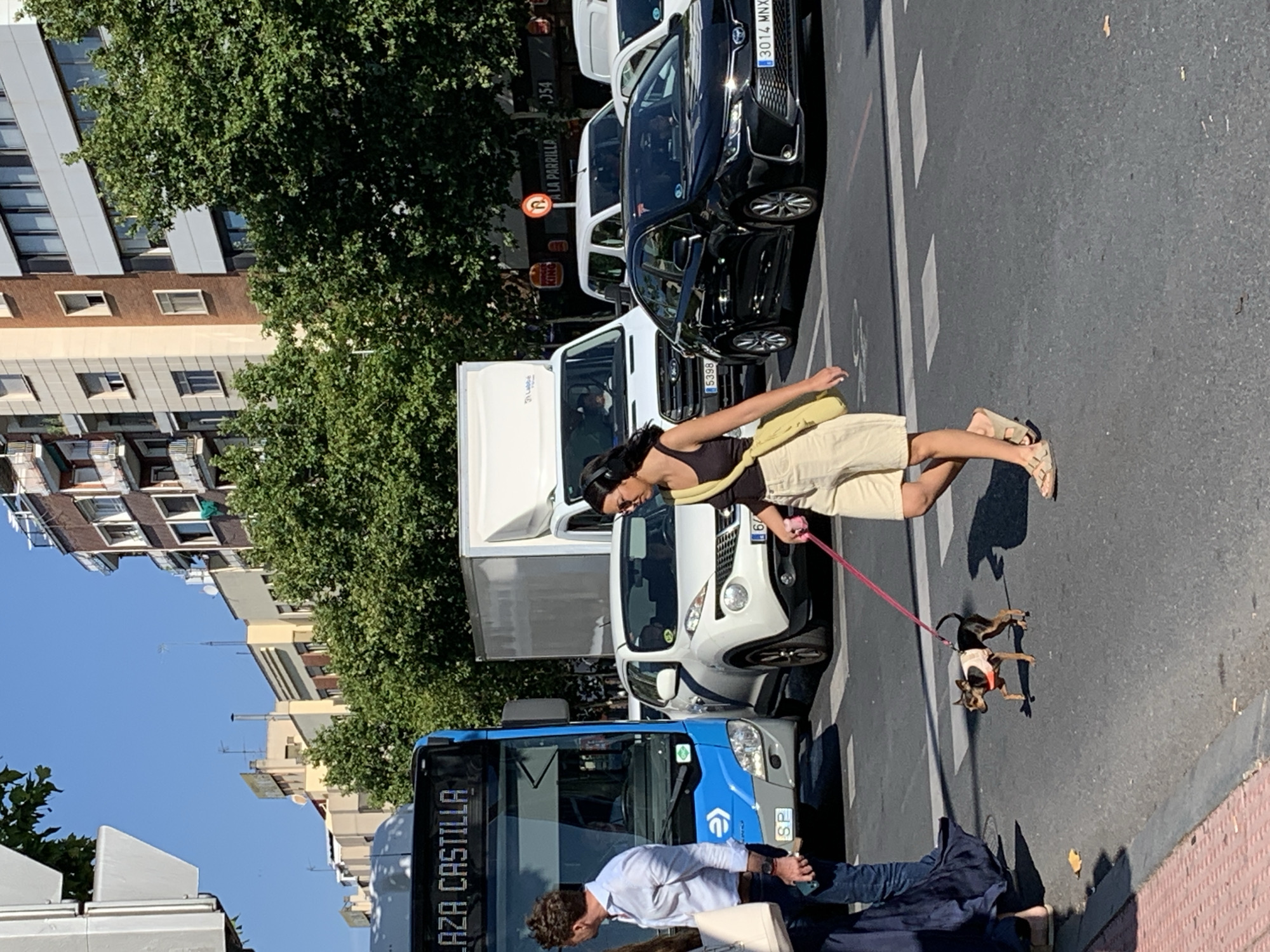 The image captures a street scene in Madrid, Spain, featuring a pedestrian crossing. A woman wearing a dark tank top and light-colored shorts is walking a small dog on a pink leash across the street. The dog, a short-haired breed, is dark brown and black with a light-colored vest. The woman has dark hair and is wearing large dark headphones. To the left of the woman and dog, a blue city bus with "PLAZA CASTILLA" displayed on its front is stopped. A man in a light blue shirt and dark pants is standing near the bus, looking to his left. In the background, several cars are visible, including a black Toyota sedan with the license plate "3014 MNX" and a white Nissan Juke. White panel vans and other vehicles are also present, suggesting a busy urban environment. The scene takes place under a clear blue sky, with trees lining the street and apartment buildings in the distance.