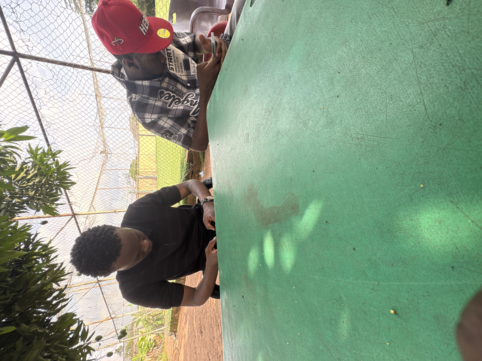 The image displays two men seated at a weathered green outdoor table, oriented with the table extending diagonally across the frame from top-left to bottom-right, suggesting the entire scene is rotated clockwise. The setting is outdoors, likely in Ihiagwa, Nigeria, given the tropical foliage and general environment.
At the bottom-left of the frame, one man is visible. He has dark skin and short, dark, curly hair. He is wearing a black, short-sleeved collared shirt and a dark watch on his left wrist. He is looking down towards the table, with his hands near the table's edge.
At the top-right of the frame, the second man is seated. He also has dark skin and is wearing a red baseball cap featuring a Miami Heat logo and the partially visible text "HEAT." His attire includes a black and white plaid long-sleeved shirt. Text on his shirt includes "Angeles" in a script font, along with smaller text such as "START," "EMBRACE THE FUTURE," "THIS IS MY ATTITUDE," and "LOS ANGELES." He is holding a pen or stylus in his right hand, appearing to be focused on the table or an unseen item on it.
The large green table surface shows considerable wear, characterized by numerous scratches, scuffs, and some dirt. In the background, a chain-link fence is visible, and on the left side of the frame, lush green foliage, consistent with a mango tree, is prominent, with several small, unripe mangoes hanging. The ground is dirt or sand. The scene is brightly lit by natural sunlight, indicating a midday or early afternoon time, with shadows falling on parts of the table. The overall atmosphere appears casual.