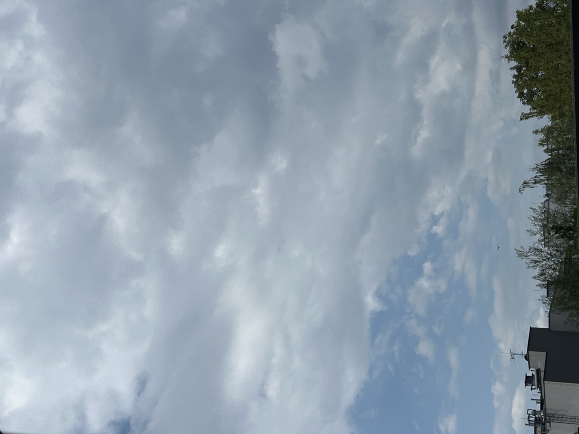 The image shows a cloudy sky over a cityscape. In the lower part of the image, the tops of buildings and trees are visible, indicating an urban environment. The sky is filled with various types of clouds, ranging from light and wispy to darker, more dense formations. A small bird can be seen flying in the distance. The overall impression is that of an overcast day in a city, possibly Warsaw, Poland, given the architectural style of the buildings which appears consistent with the region. The scene is static and devoid of any explicit human activity.
