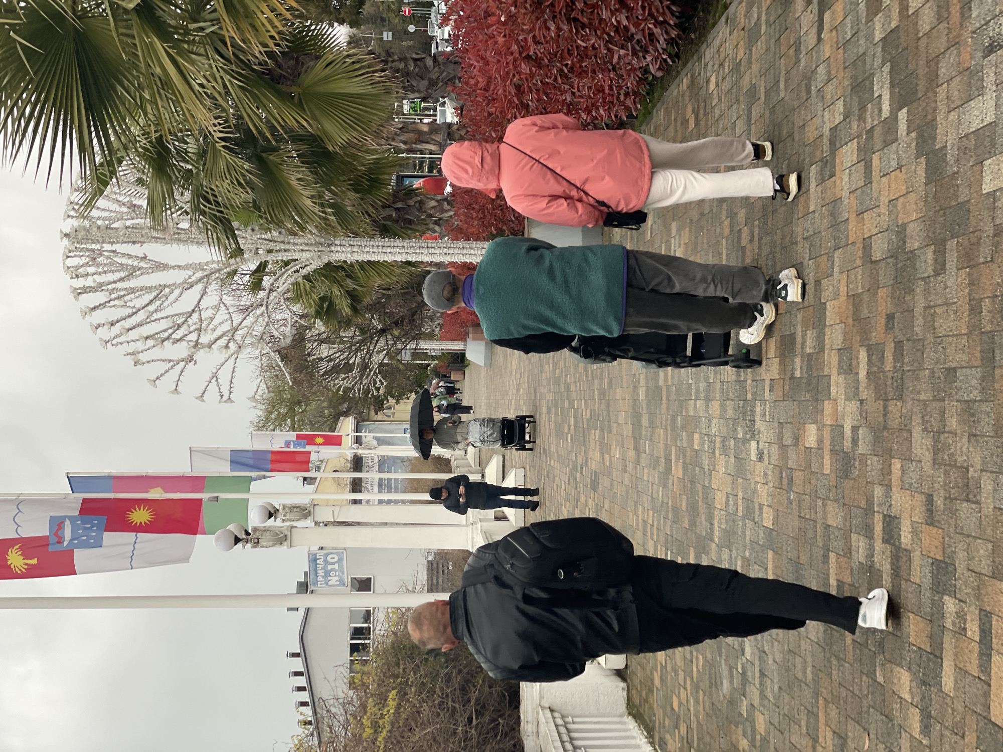 The image depicts a street scene in Sochi, Russia, characterized by a brick-paved walkway alongside a line of flagpoles displaying various flags. The flags stand in front of a building with a sign that reads "ПРИЧАЛ № 10" (Pier No. 10). Several individuals are present, including a person in a black jacket and pants with white shoes walking in the foreground, a person in a pink hooded jacket and white pants in the background. A man with an umbrella, a child in a stroller, and another person using a phone are positioned in the middle ground. A palm tree and a decorative tree-like structure are near the walkway. The sky is overcast, indicating potentially gray weather. Red shrubbery is visible along the walkway.