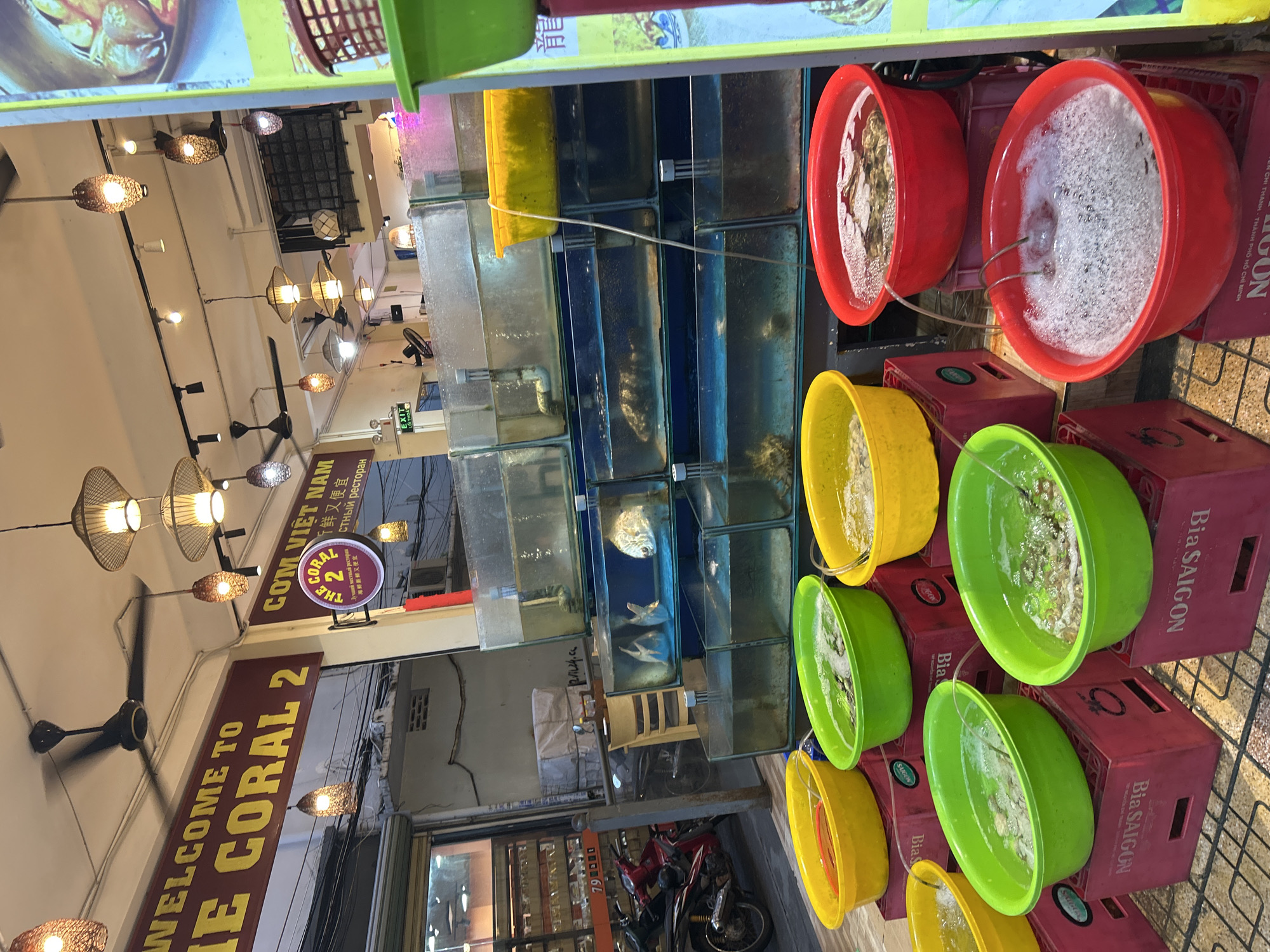 This image captures the lively entrance of a seafood restaurant or market in Vietnam, specifically hinted to be in Nha Trang Ward. The scene is dominated by a vibrant display of live seafood, designed to entice customers.
On the right side of the frame, an extensive setup of live seafood is visible. Stacked glass tanks, some with a blue tint, house various fish and other aquatic creatures. Below these tanks, colorful plastic buckets in red, yellow, and green are filled with aerated water, containing live shellfish or crabs, indicated by the frothing water and visible creatures. These buckets are strategically placed on red plastic crates branded "Bia SAIGON," a popular Vietnamese beer.
The left side reveals the restaurant's interior or covered entrance area. Numerous decorative ceiling lamps, designed with intricate patterns, cast a warm, inviting glow, suggesting an evening or nighttime setting. Several ceiling fans are also visible, hinting at the warm climate. Large brown signs proclaim "WELCOME TO THE CORAL 2" and "CƠM VIỆT NAM" (Vietnamese Rice/Food). Additional signage in multiple languages—Chinese ("鲜又便宜" - Fresh and cheap, "海鮮新鮮又便宜" - Seafood fresh and cheap) and Russian ("Лучший местный ресторан" - Best local restaurant)—indicates a focus on international clientele. A green "EXIT" sign with an arrow is also present.
Further outside, a motorbike is parked, and a partial street sign with the number "79" and text including "TÊN CHI THANH - THÀNH PHỐ HỒ CHÍ MINH" is visible, though the provided context places the location in Nha Trang. The overall ambiance is that of a bustling, commercial street-side eatery, offering fresh seafood in a typical Vietnamese urban setting. No people are clearly visible in the frame.