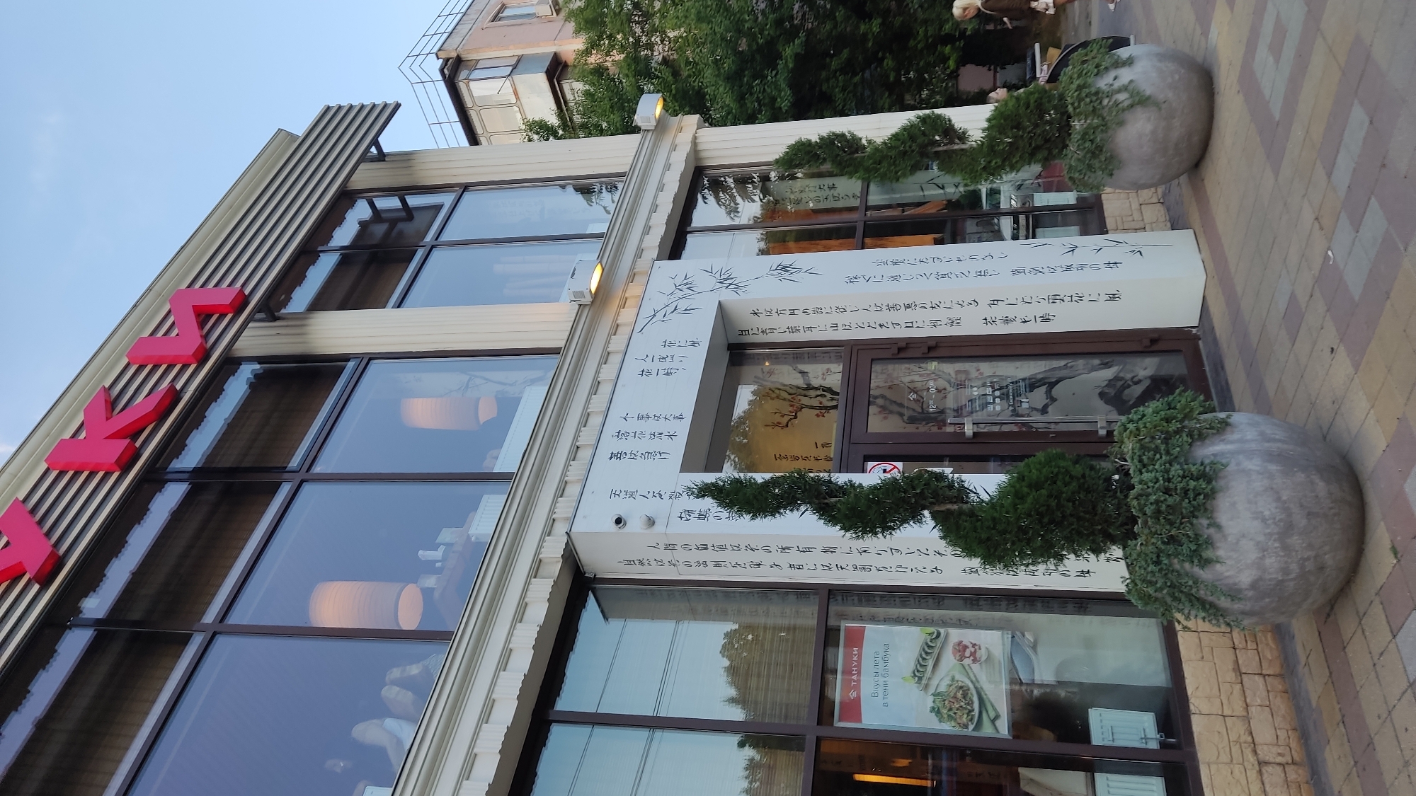 The image depicts the facade of a restaurant in Krasnodar, Russia, identified by the prominent red Cyrillic lettering "ТАНУКИ" at the top. The building features large, dark-tinted windows on the upper level, reflecting the sky and surrounding environment. The lower level has a white facade with decorative columns and smaller windows. A glass entrance door is flanked by two large, grey planters containing spiral-shaped evergreen trees and trailing greenery. The planters sit on a patterned paved sidewalk. Vertical white panels on either side of the entrance are adorned with black calligraphy and images of bamboo and plum blossoms. A menu poster featuring sushi is visible through a window on the left. The scene suggests a restaurant setting with an East Asian theme. The lighting indicates it is either early morning or late afternoon. The presence of a few individuals in the background suggests the establishment is likely operational or preparing to open.