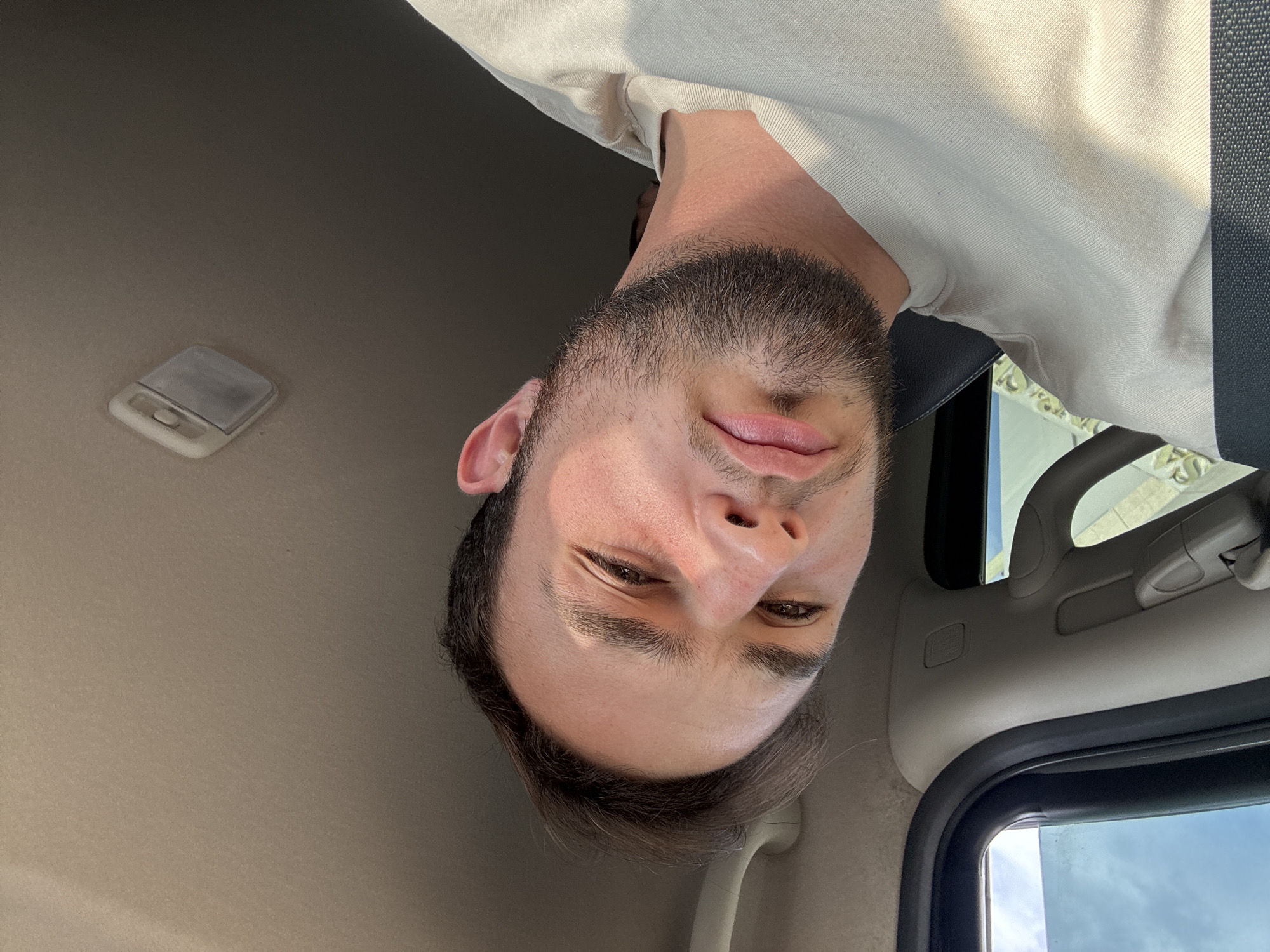 A close-up image shows a person inside a vehicle. The person has brown hair and a beard. They are wearing a light-colored shirt and a seatbelt. The vehicle's interior includes a light, a grab handle, and a window. The location in San Bernardino Tlaxcalancingo, Mexico is not discernible from the image.