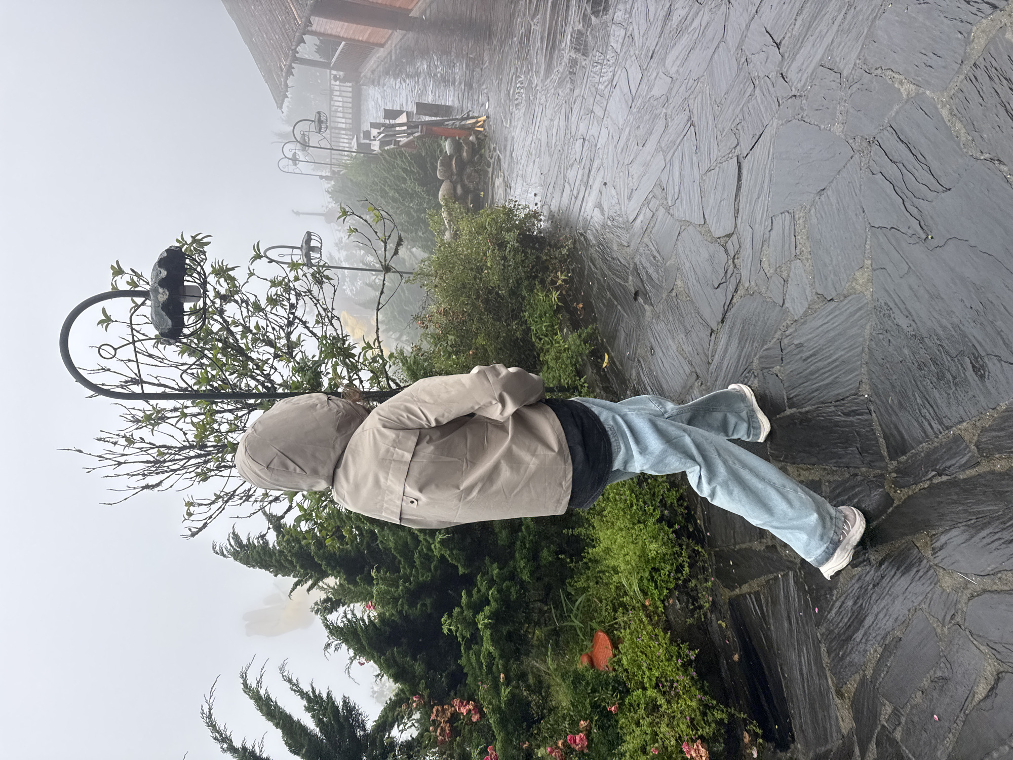 The image shows a person standing on a stone pathway in Binh Lu, Vietnam. The weather is foggy, obscuring the view. The person is wearing a light brown hooded jacket and blue jeans with white sneakers. They are standing near a metal street lamp post with foliage growing around it. The pathway is made of irregular dark stones. There are bushes and trees visible along the side of the pathway. In the background, there is a structure with a wooden roof, partially obscured by the fog.