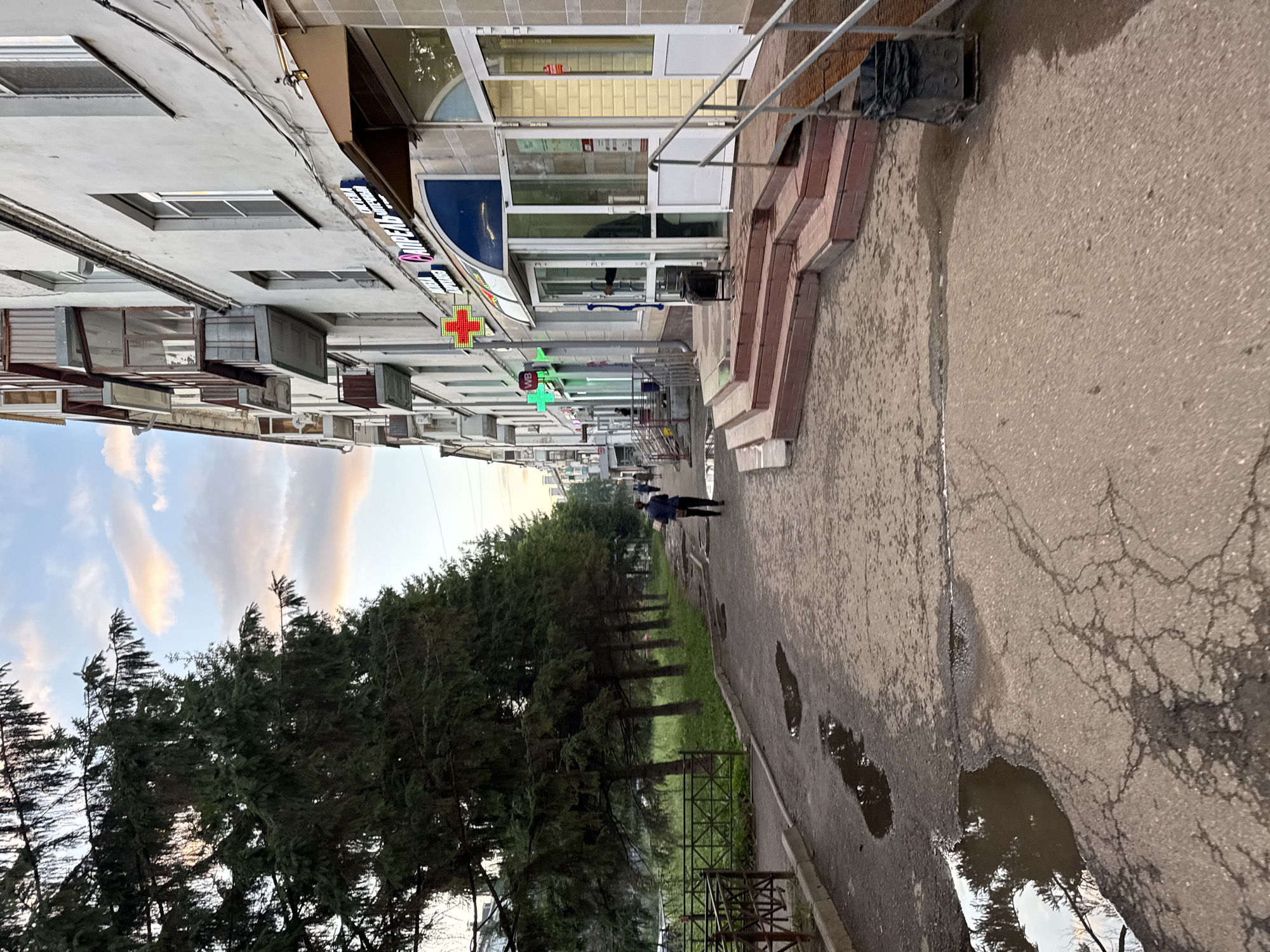 In Kazan, Russia, an overcast day presents a city street scene. Tall, dark green fir trees line the left side of a cracked asphalt path, their branches heavy and full. The path shows evidence of recent rain with several large puddles reflecting the sky. In the middle distance, a person in a dark jacket and pants walks away from the camera.
To the right, a multi-story building stands with a light-colored facade. The building features balconies with dark railings on its upper floors. The ground floor is occupied by storefronts, one of which has an arched entrance with a blue awning and the word "АПТЕКА" (Apteka, meaning pharmacy) visible in large letters. A red and green illuminated cross, common for pharmacies, is mounted above the entrance. A set of red brick steps leads up to this entrance, and a metal ramp runs alongside a railing. A black trash receptacle is positioned near the steps. Further down the street, more storefronts and the facades of buildings are visible, along with a few more people walking. The sky above is a mix of pale blue and soft pink and orange clouds, suggesting either early morning or late afternoon.