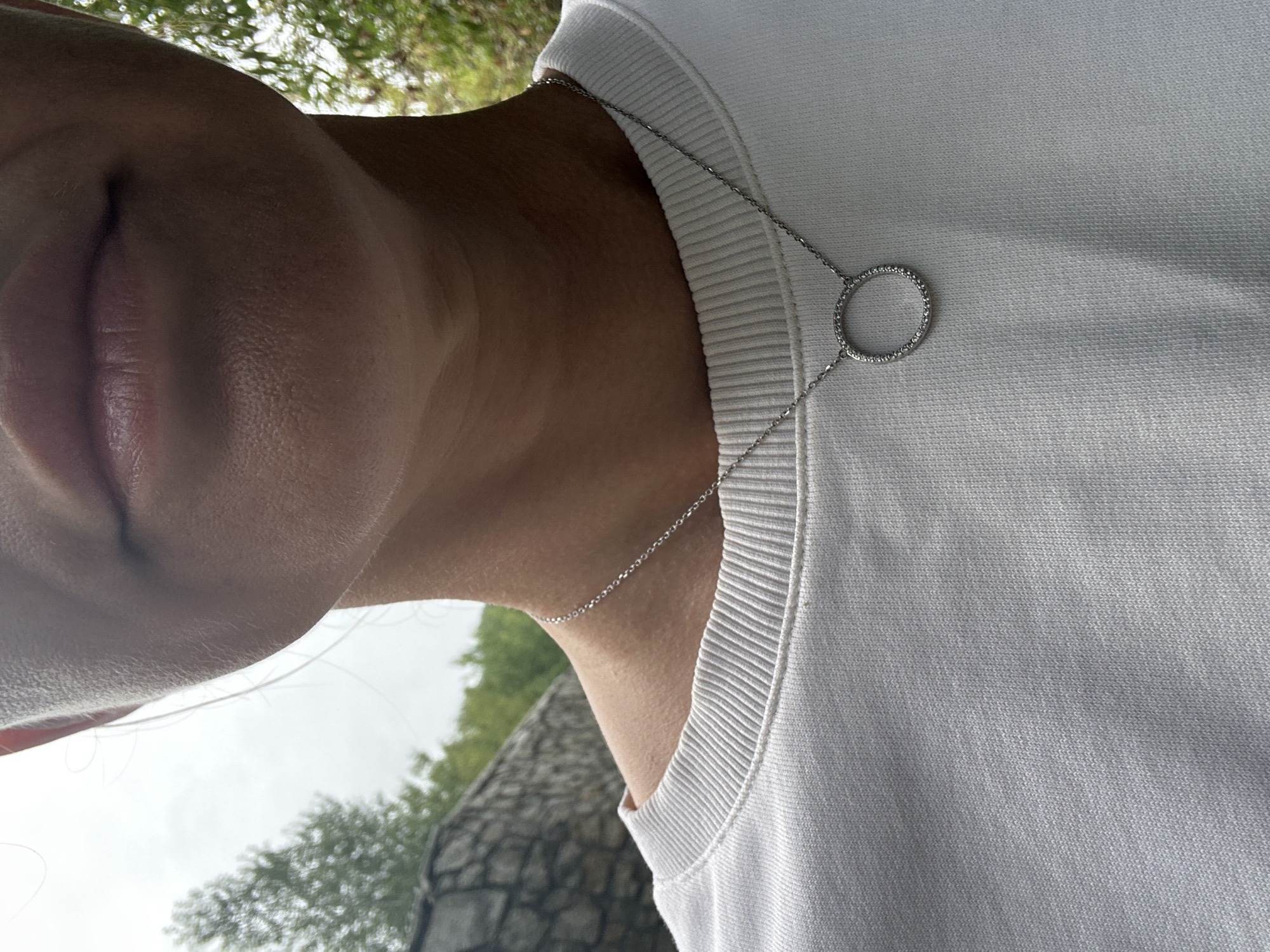 The image shows a close-up of a person's neck and upper chest, wearing a white sweatshirt and a silver necklace with a circular pendant. The background is blurred, with hints of greenery and a stone wall, suggesting an outdoor setting possibly in a park or garden. The lighting is overcast, casting soft shadows. There is no clear indication of the specific location within Даниловка (алтайский), Russia, beyond it being an outdoor environment.