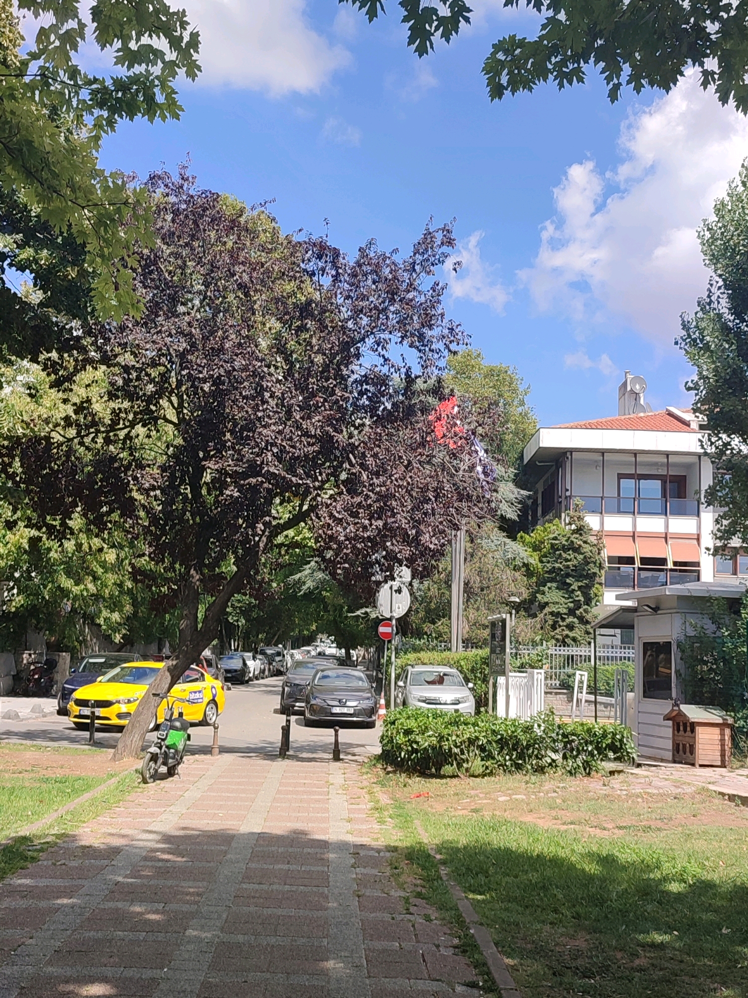 In Kadıköy, Turkey, on a sunny day with scattered clouds, a street scene unfolds. A red and white flag flies from a flagpole in front of a white building with a red tiled roof, which appears to be an embassy or consulate, possibly the Greek Consulate given the flag. Cars are parked along the street, including a bright yellow taxi. A small green electric scooter is parked on the sidewalk next to a tree with dark reddish-purple leaves. The sidewalk is paved with interlocking bricks. To the right of the building's entrance, there is a small wooden dog house. The foreground features a grassy area with dappled sunlight and shadows cast by trees.