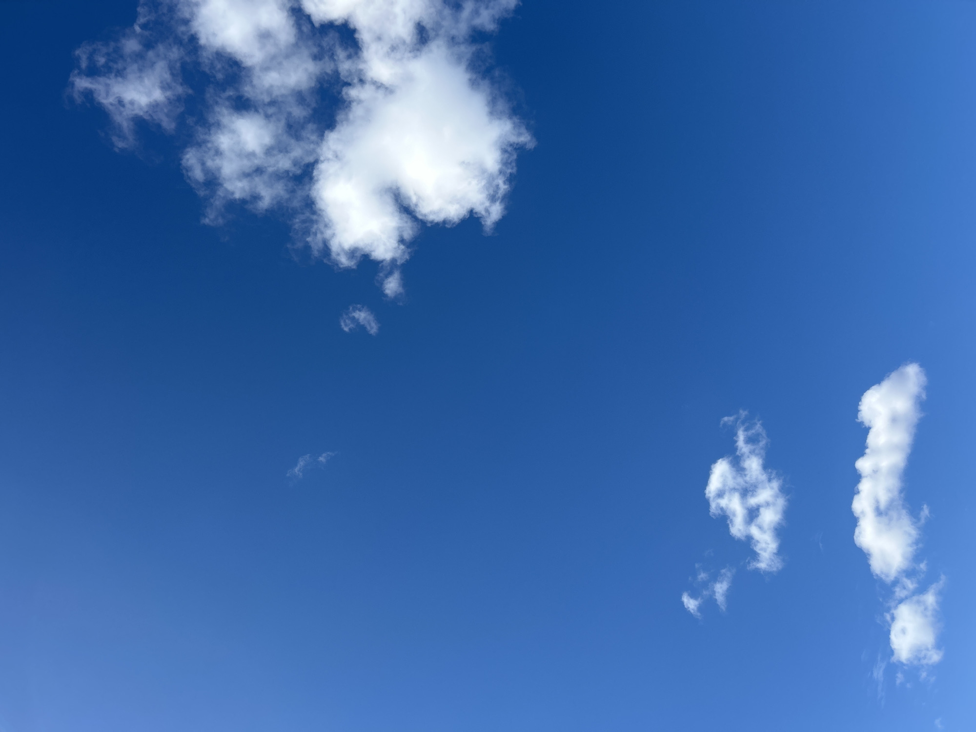 The image is a clear, bright blue sky with sparse white clouds. One group of clouds is concentrated towards the top left of the image, consisting of a larger cumulus cloud and a few smaller, detached cloudlets below it. Another set of clouds is located in the lower right portion of the image, consisting of two smaller cloud formations, one appearing more fragmented than the other. The location in the city of Уральское, Russia is inferred as the origin of the image, but it is not depicted in the image.