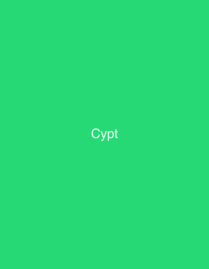 The image displays the word "Cypt" in white, sans-serif lettering, centrally positioned against a solid, uniform green background. The 'C' is capitalized, followed by lowercase 'ypt'. No other discernible subjects, objects, people, or actions are present. The environment is abstract, consisting solely of the text on the colored field. The scene is located in Casablanca, Morocco.
